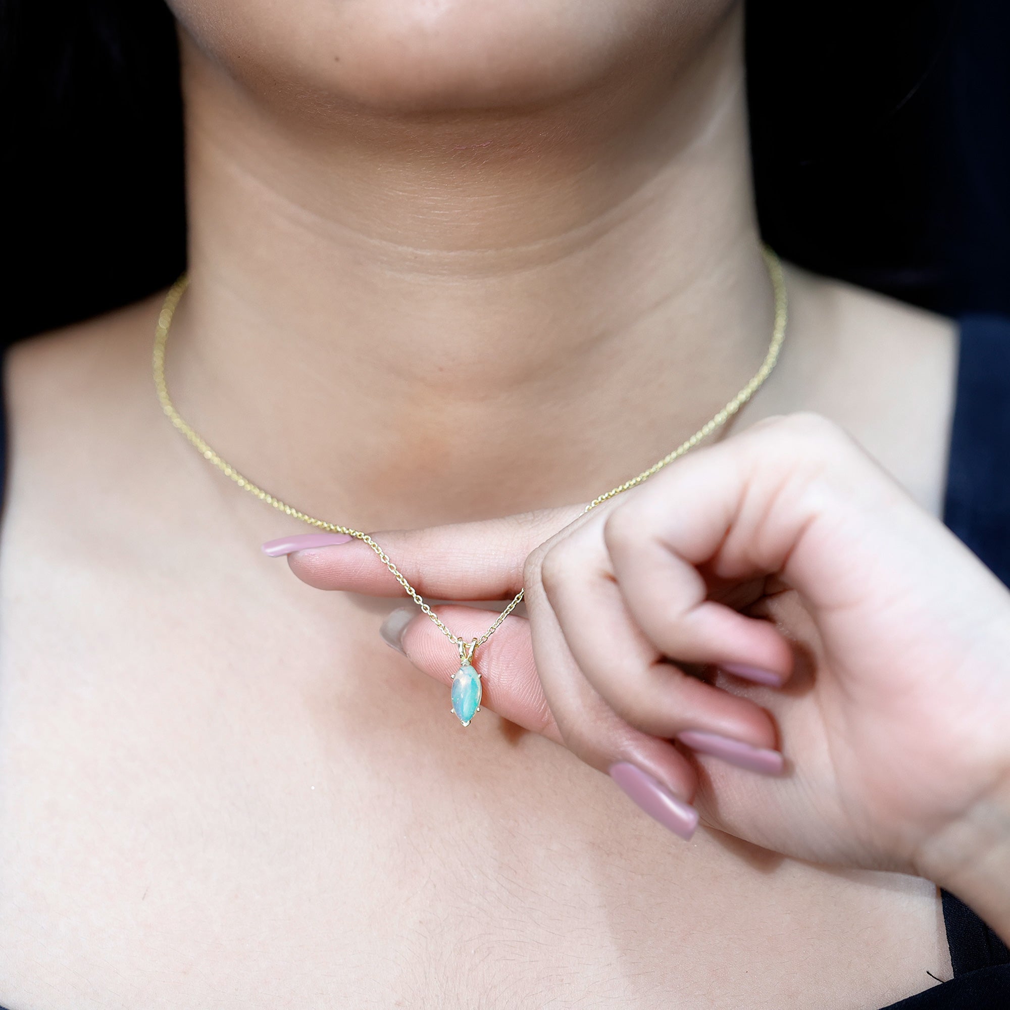 Yellow Gold Plated 1 Carat Marquise Ethiopian Opal Pendant Necklace with Chain AAA 14K Yellow Gold Plated Silver - Rosec Jewels