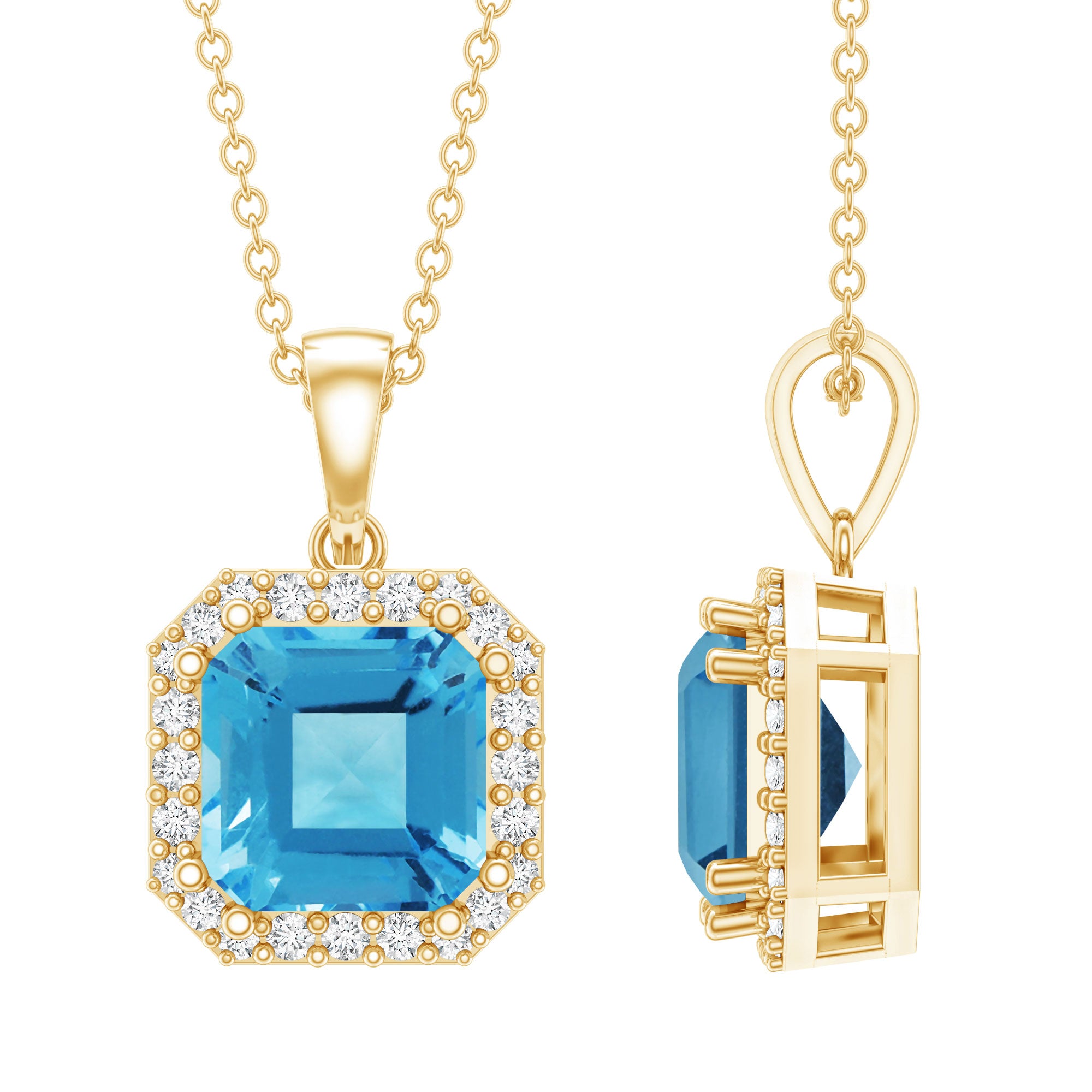 Certified 3 Carat Asscher Cut Swiss Blue Topaz Pendant Necklace with Diamond Halo AAA 14K Yellow Gold Plated Silver - Rosec Jewels