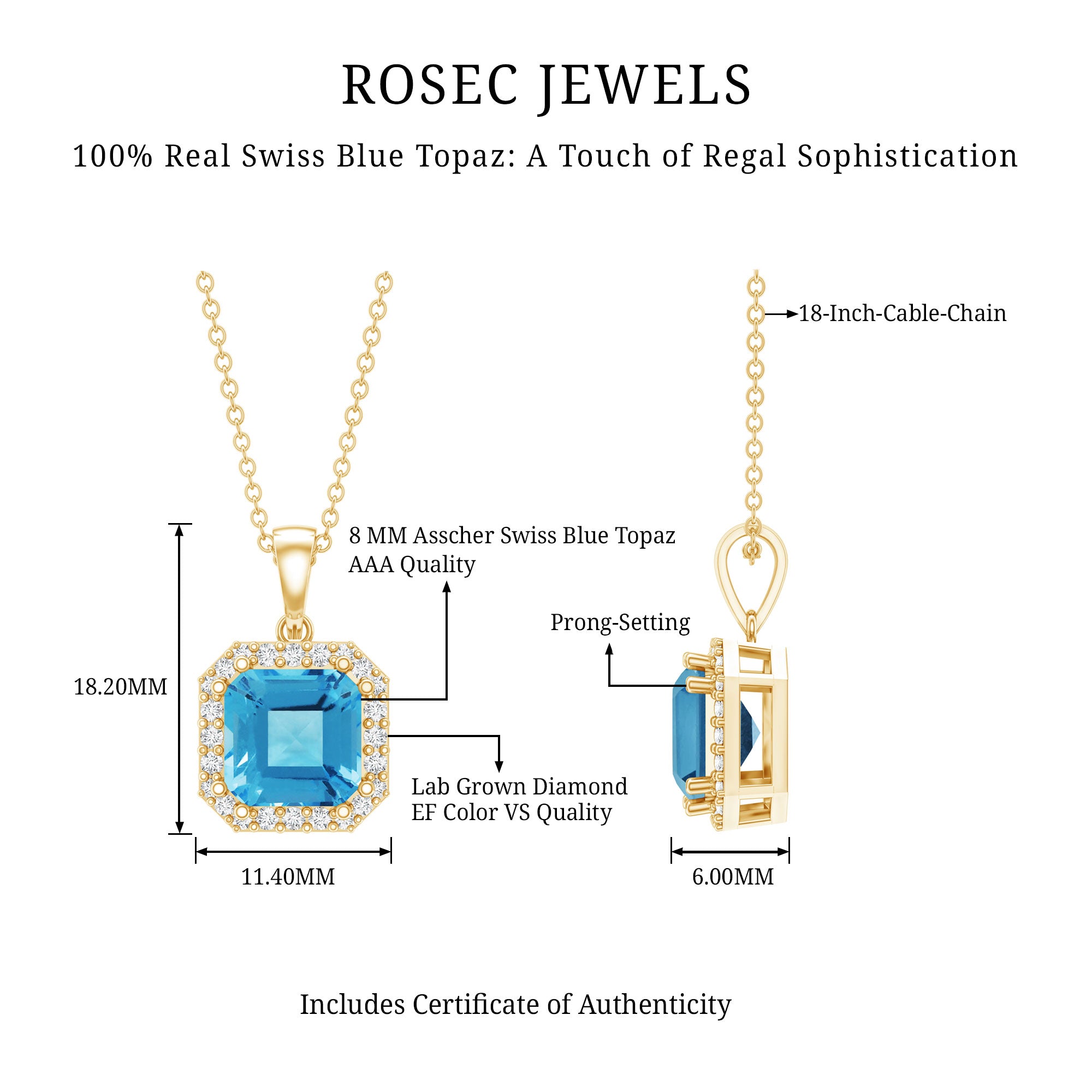 Certified 3 Carat Asscher Cut Swiss Blue Topaz Pendant Necklace with Diamond Halo AAA 14K Yellow Gold Plated Silver - Rosec Jewels
