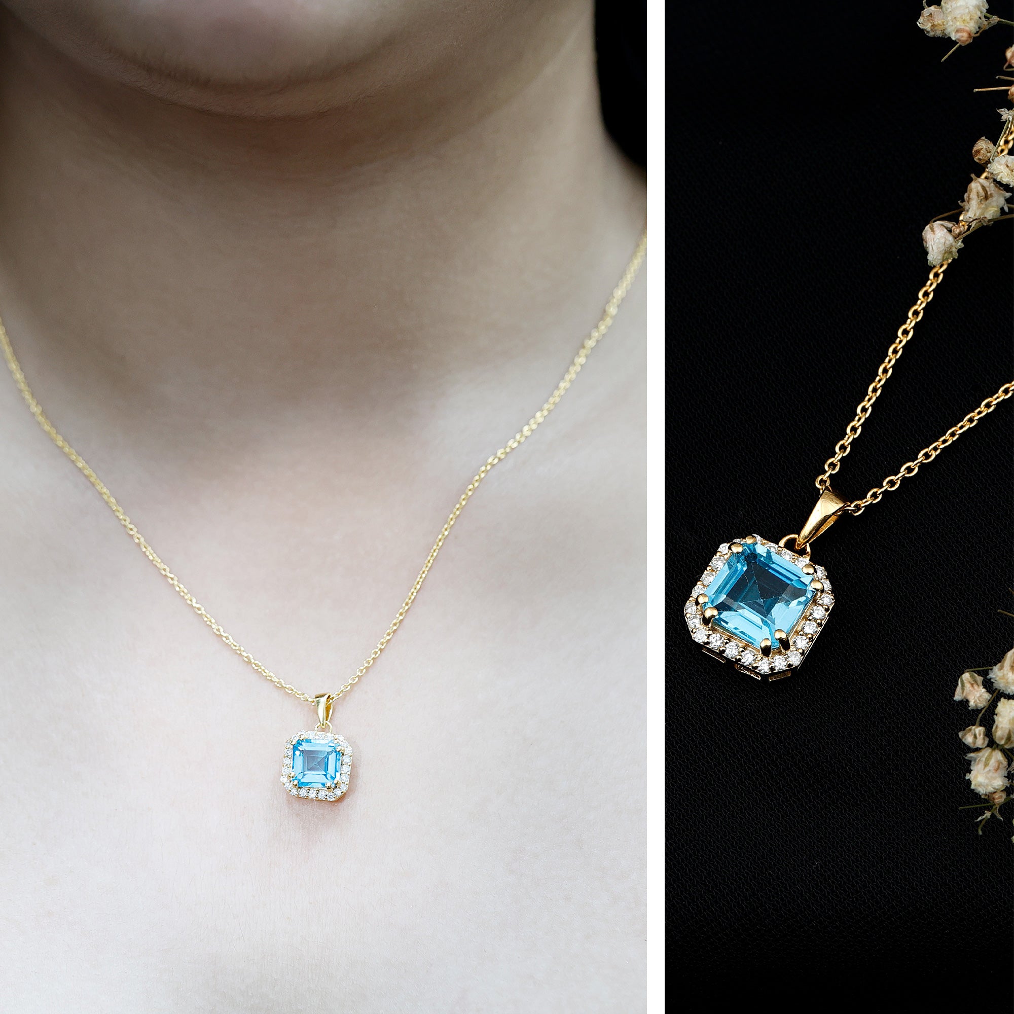Certified 3 Carat Asscher Cut Swiss Blue Topaz Pendant Necklace with Diamond Halo AAA 14K Yellow Gold Plated Silver - Rosec Jewels