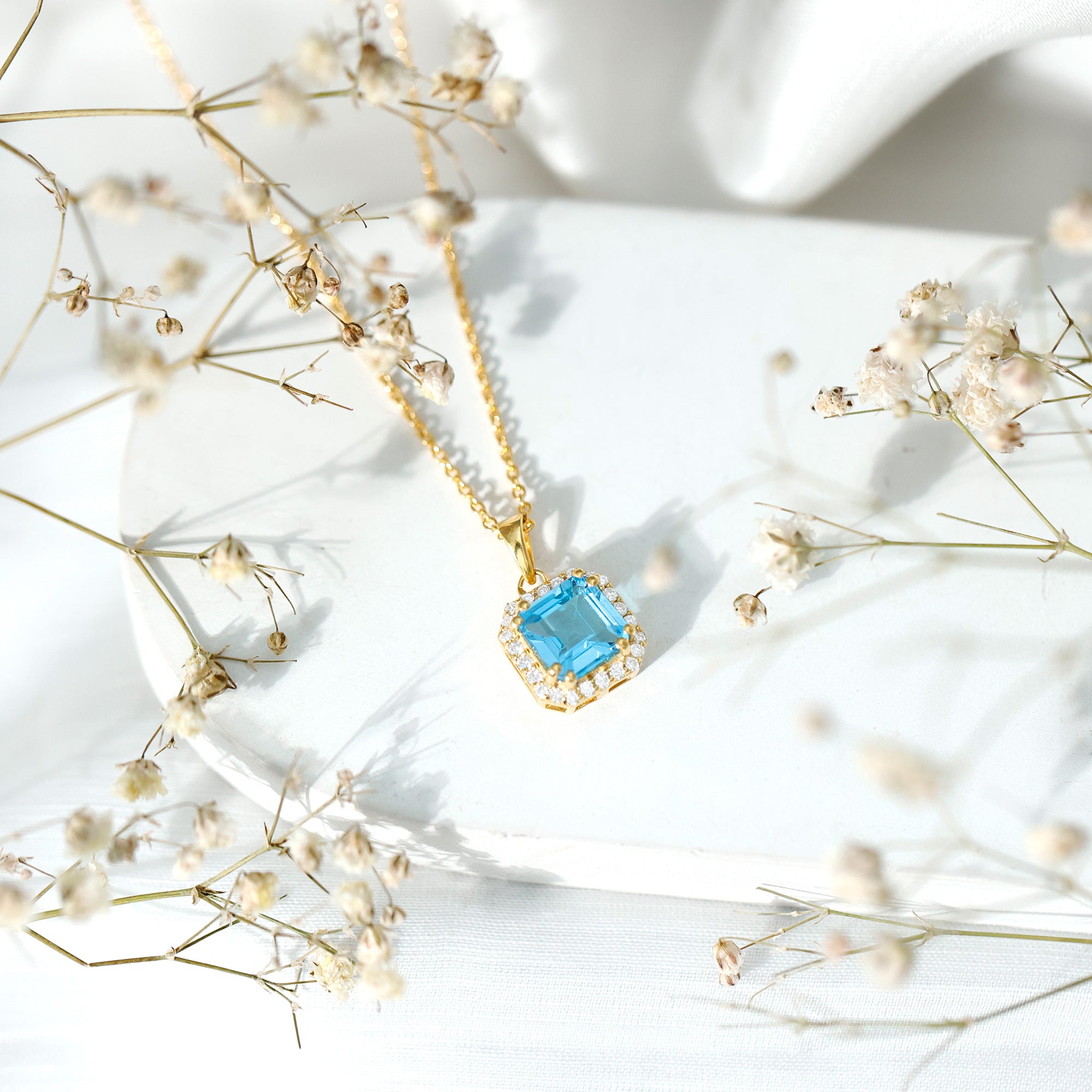Certified 3 Carat Asscher Cut Swiss Blue Topaz Pendant Necklace with Diamond Halo AAA 14K Yellow Gold Plated Silver - Rosec Jewels
