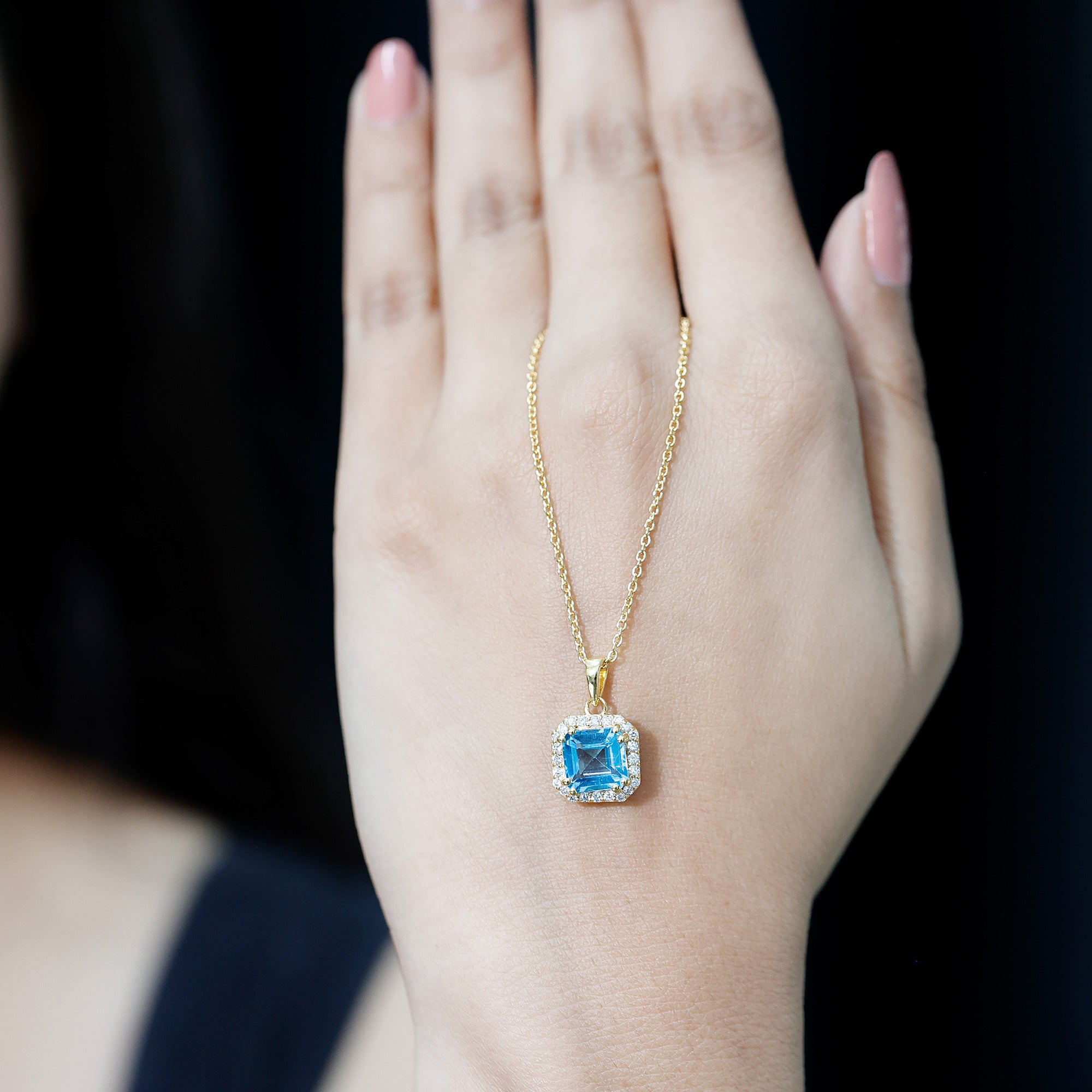 Certified 3 Carat Asscher Cut Swiss Blue Topaz Pendant Necklace with Diamond Halo AAA 14K Yellow Gold Plated Silver - Rosec Jewels