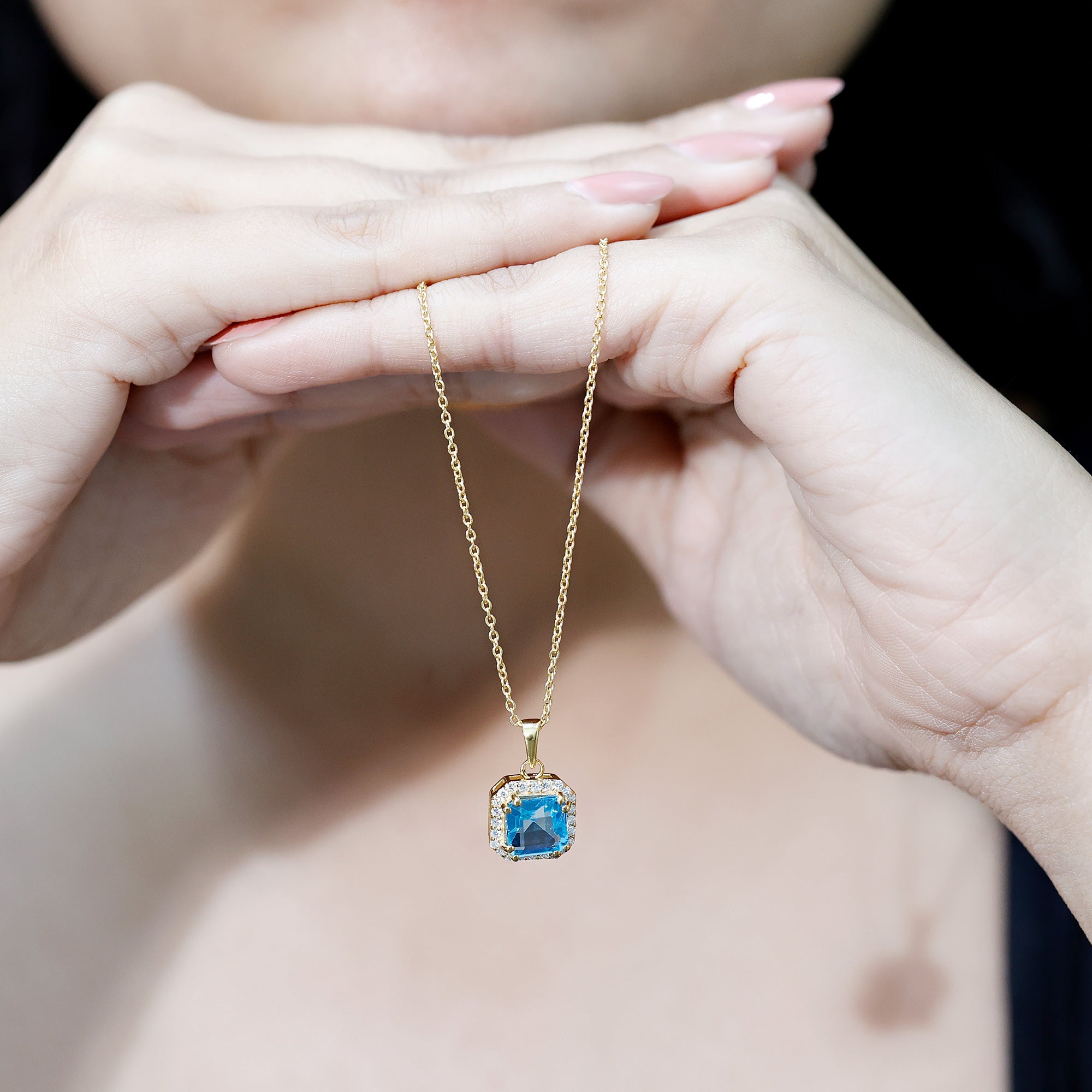 Certified 3 Carat Asscher Cut Swiss Blue Topaz Pendant Necklace with Diamond Halo AAA 14K Yellow Gold Plated Silver - Rosec Jewels