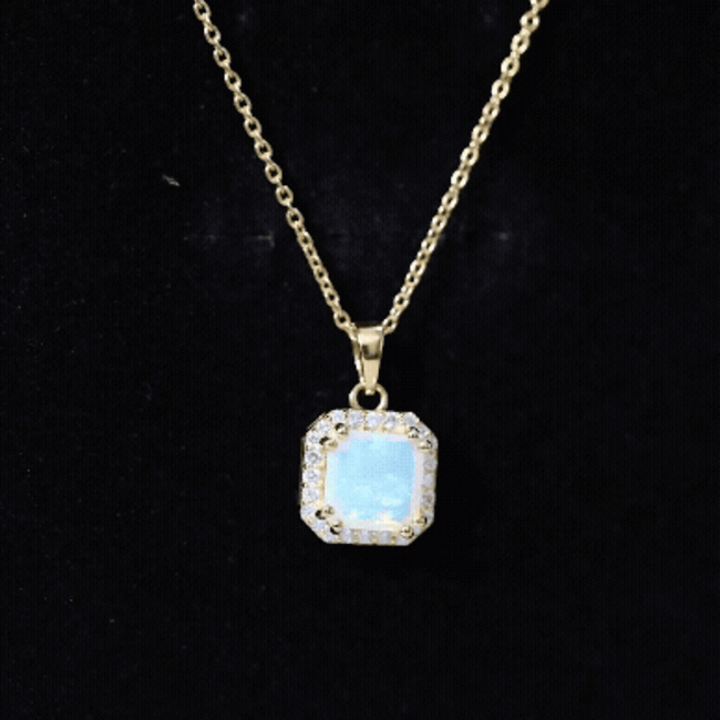 1.25 Carat Asscher Cut Ethiopian Opal Necklace with Diamond Halo AAA 14K Yellow Gold Plated Silver - Rosec Jewels