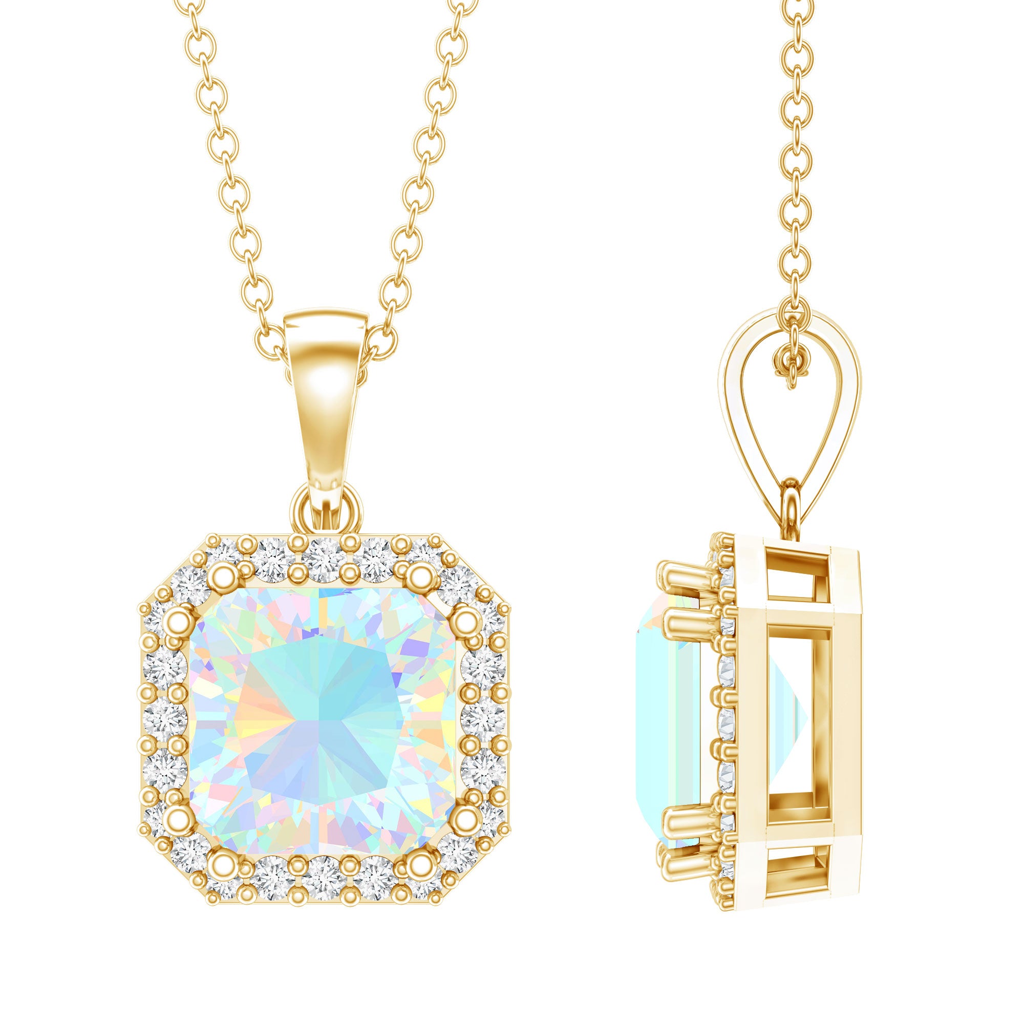 1.25 Carat Asscher Cut Ethiopian Opal Necklace with Diamond Halo AAA 14K Yellow Gold Plated Silver - Rosec Jewels