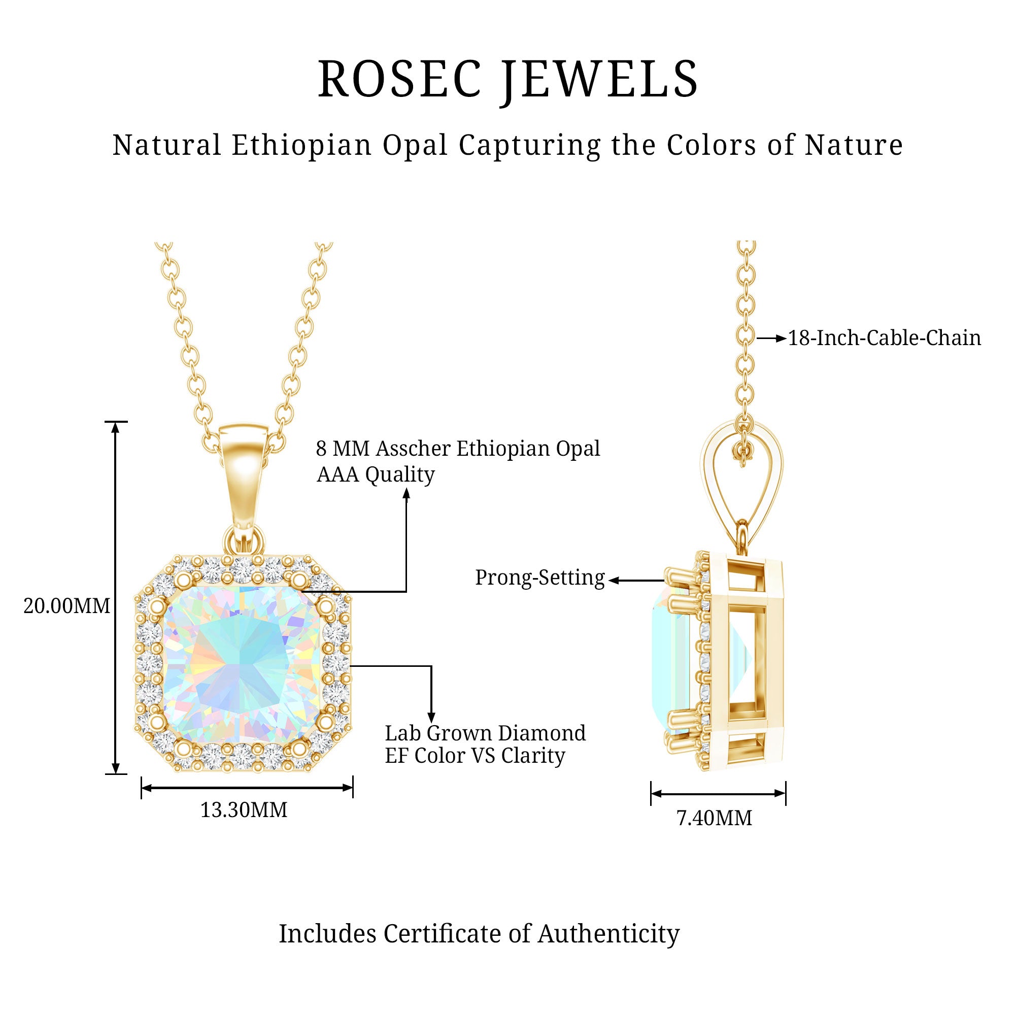 1.25 Carat Asscher Cut Ethiopian Opal Necklace with Diamond Halo AAA 14K Yellow Gold Plated Silver - Rosec Jewels
