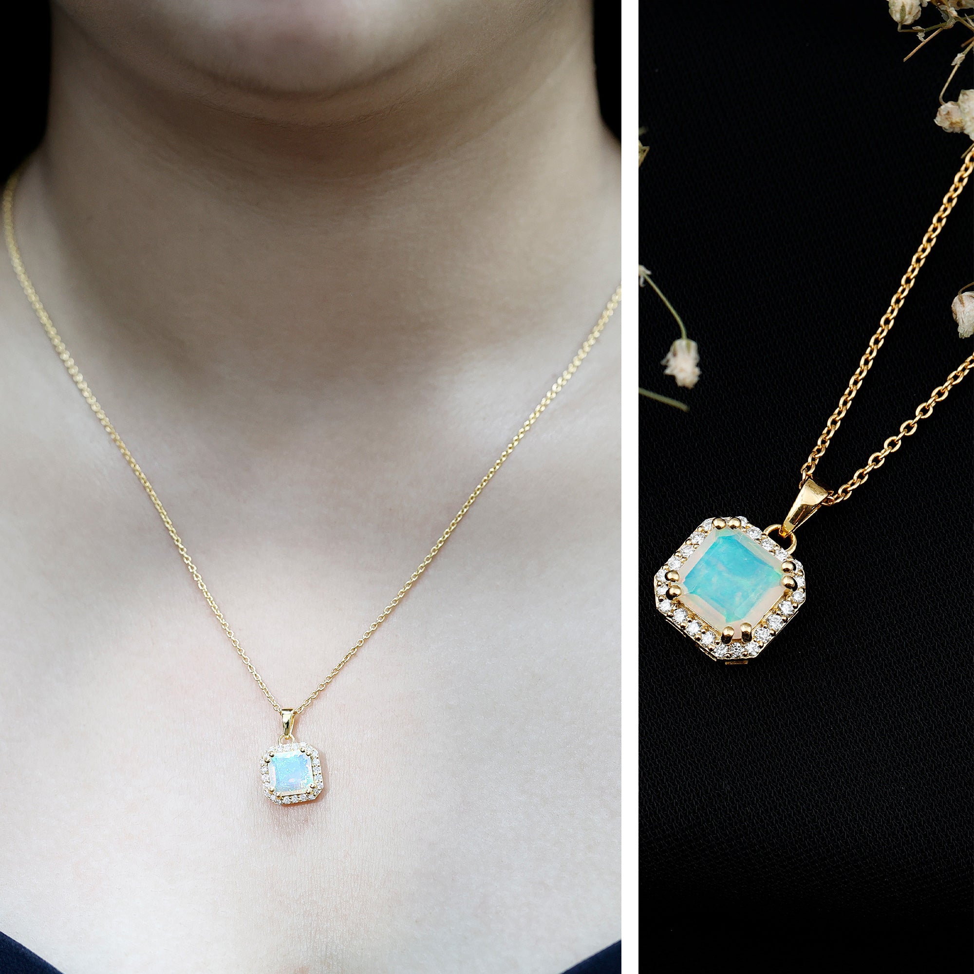 1.25 Carat Asscher Cut Ethiopian Opal Necklace with Diamond Halo AAA 14K Yellow Gold Plated Silver - Rosec Jewels