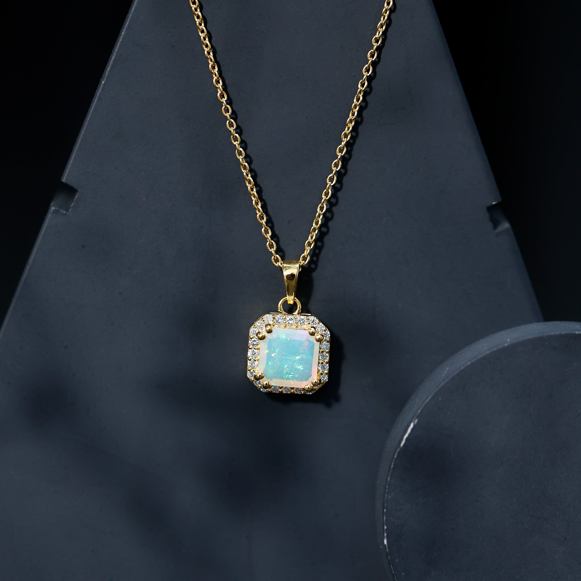 1.25 Carat Asscher Cut Ethiopian Opal Necklace with Diamond Halo AAA 14K Yellow Gold Plated Silver - Rosec Jewels