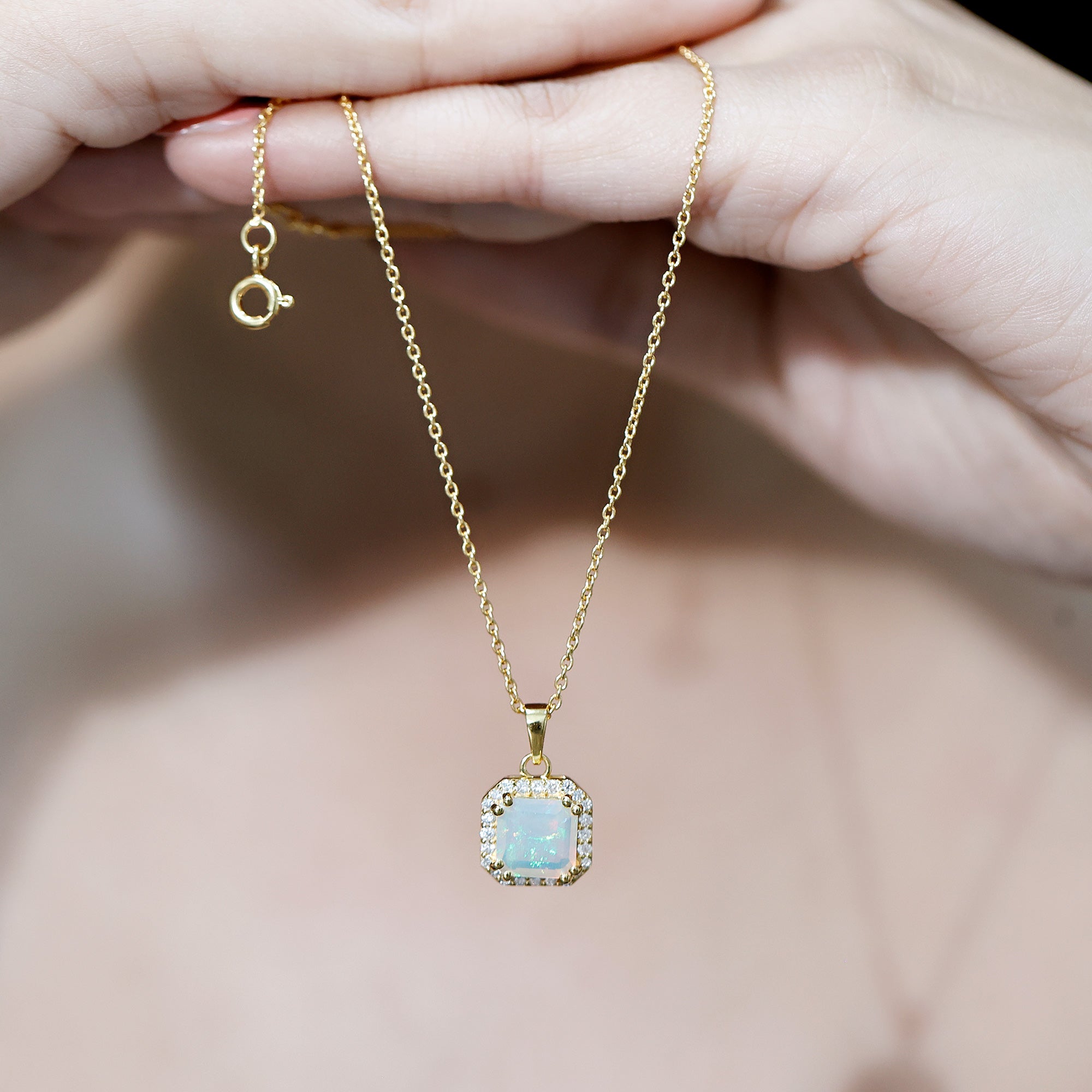 1.25 Carat Asscher Cut Ethiopian Opal Necklace with Diamond Halo AAA 14K Yellow Gold Plated Silver - Rosec Jewels