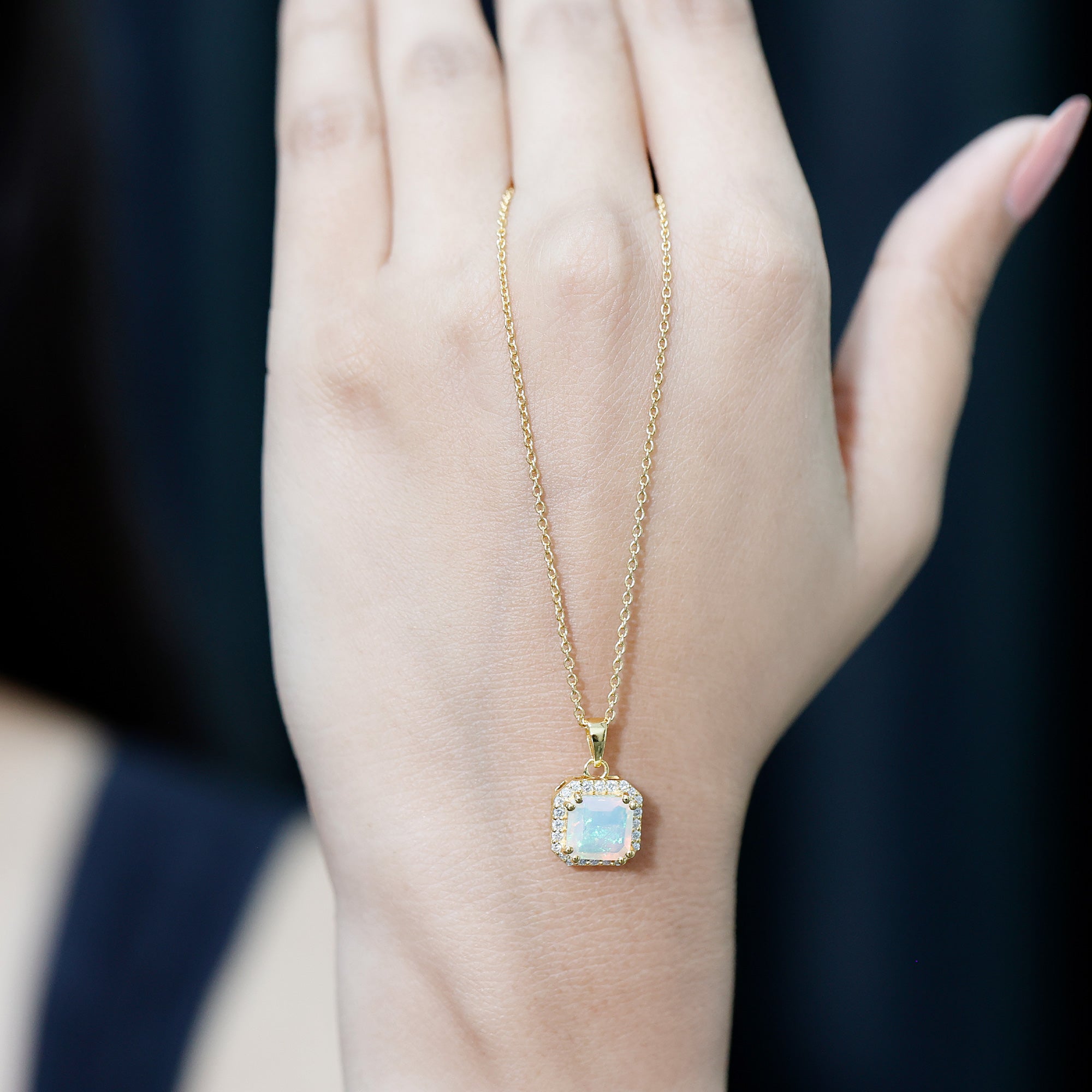 1.25 Carat Asscher Cut Ethiopian Opal Necklace with Diamond Halo AAA 14K Yellow Gold Plated Silver - Rosec Jewels