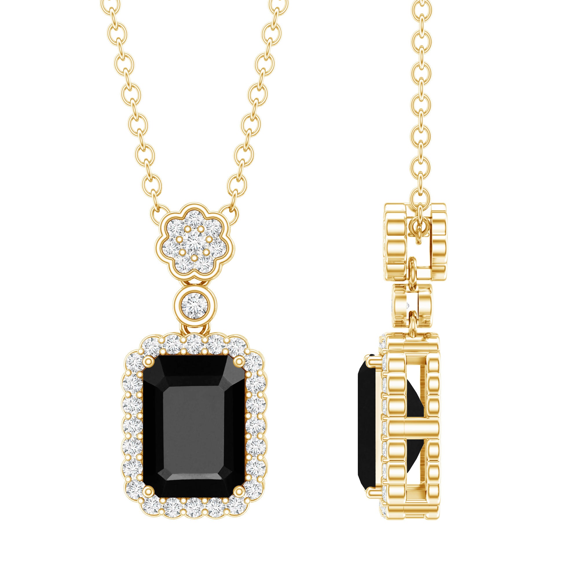 Vintage Style 1.25 Carat Emerald Cut Lab Created Black and White Diamond Necklace AAAA ( Synthetic ) 14K Yellow Gold Plated Silver - Rosec Jewels