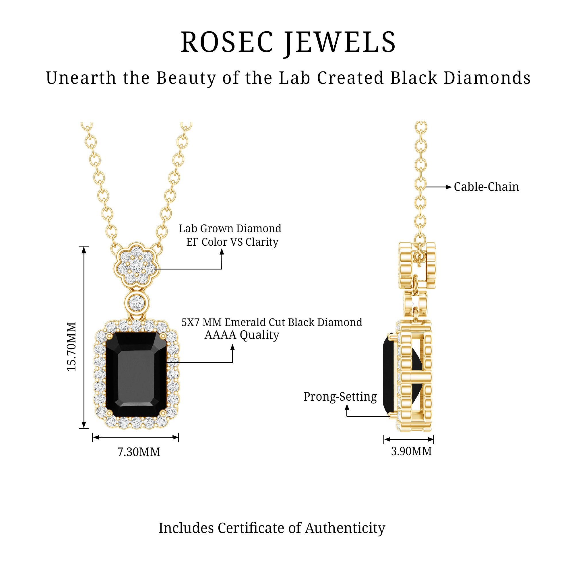 Vintage Style 1.25 Carat Emerald Cut Lab Created Black and White Diamond Necklace AAAA ( Synthetic ) 14K Yellow Gold Plated Silver - Rosec Jewels