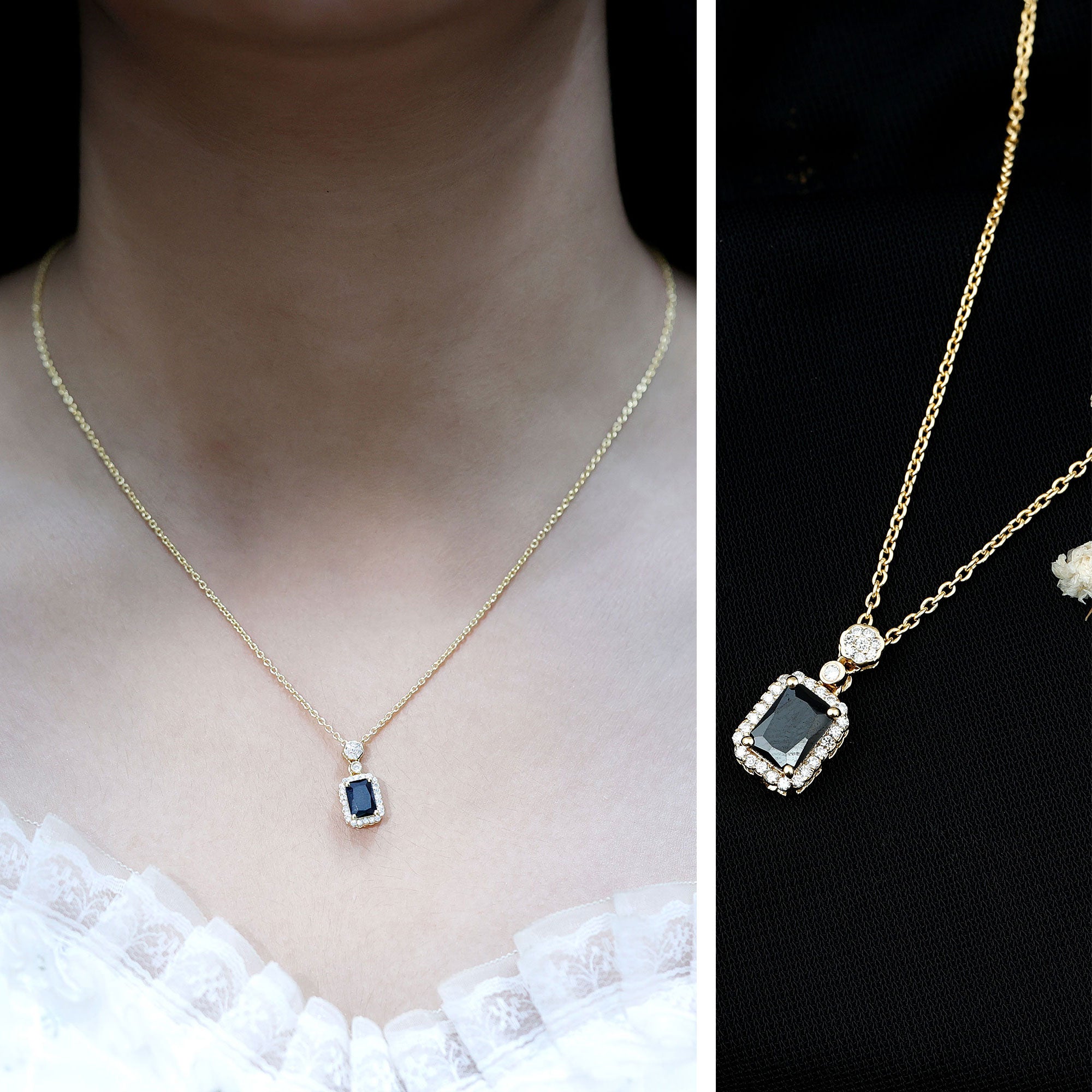 Vintage Style 1.25 Carat Emerald Cut Lab Created Black and White Diamond Necklace AAAA ( Synthetic ) 14K Yellow Gold Plated Silver - Rosec Jewels