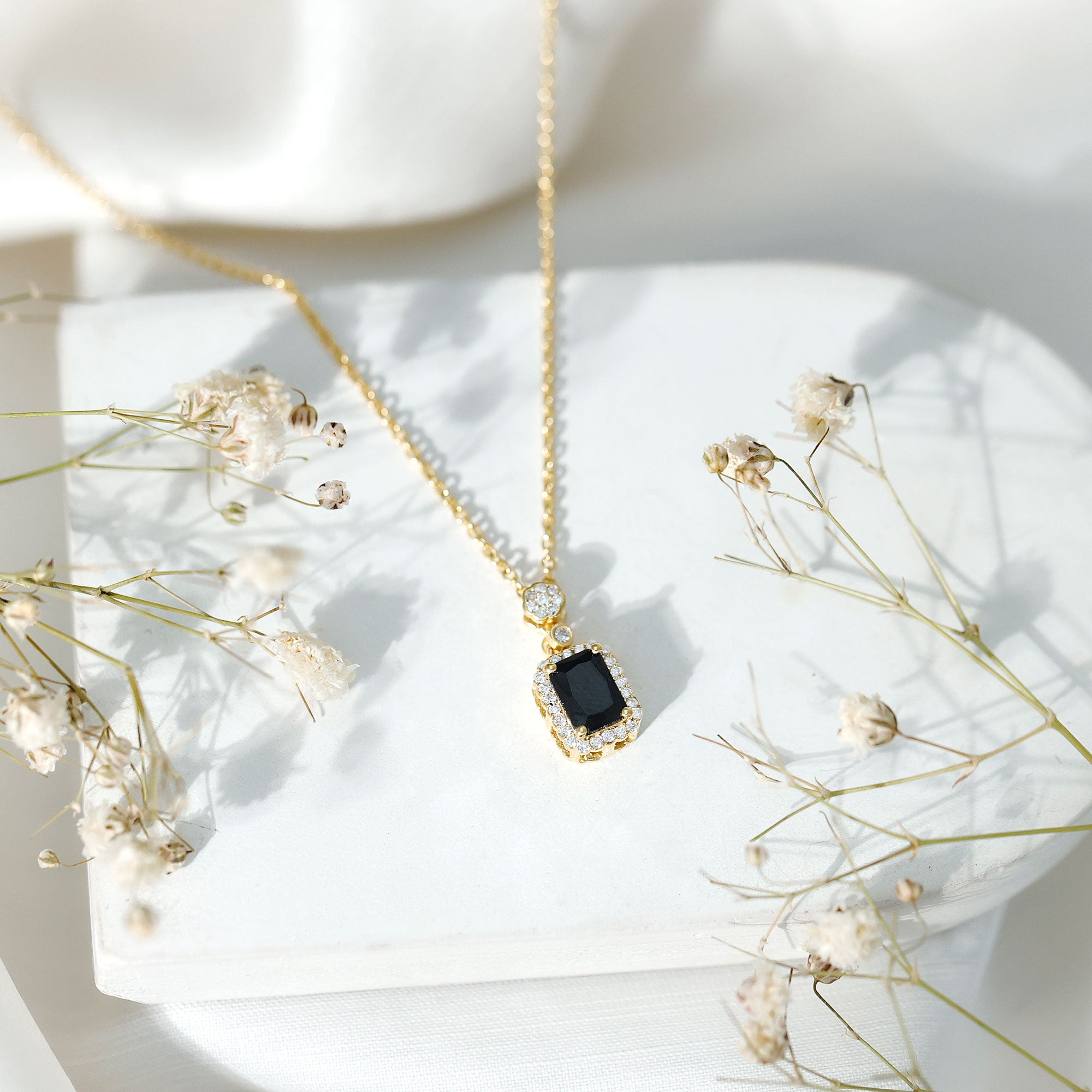 Vintage Style 1.25 Carat Emerald Cut Lab Created Black and White Diamond Necklace AAAA ( Synthetic ) 14K Yellow Gold Plated Silver - Rosec Jewels