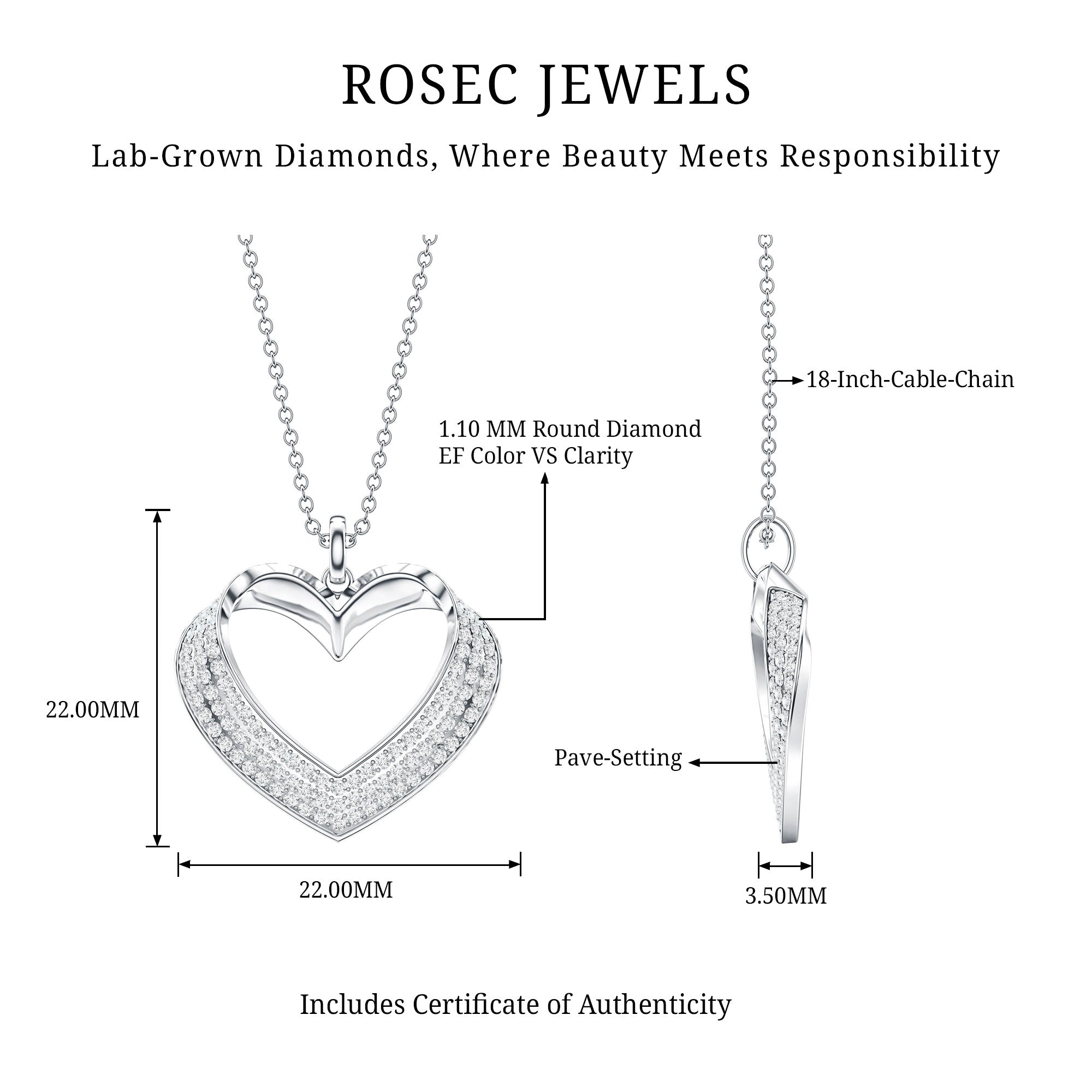 Pave Set Lab Grown Diamond Heart Necklace For Women Lab - ( EF-VS ) - Rosec Jewels