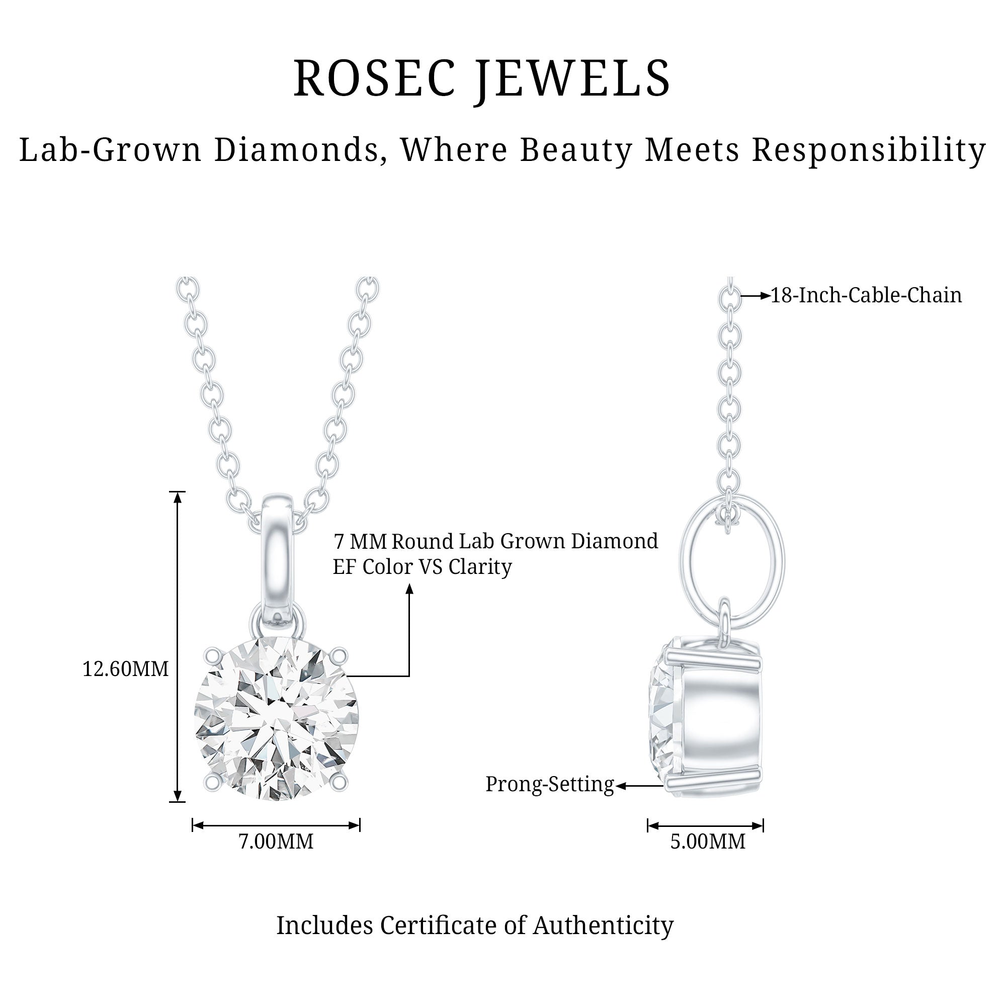 Lab Grown 1 Carat Single Diamond Necklace For Women Lab - ( EF-VS ) - Rosec Jewels