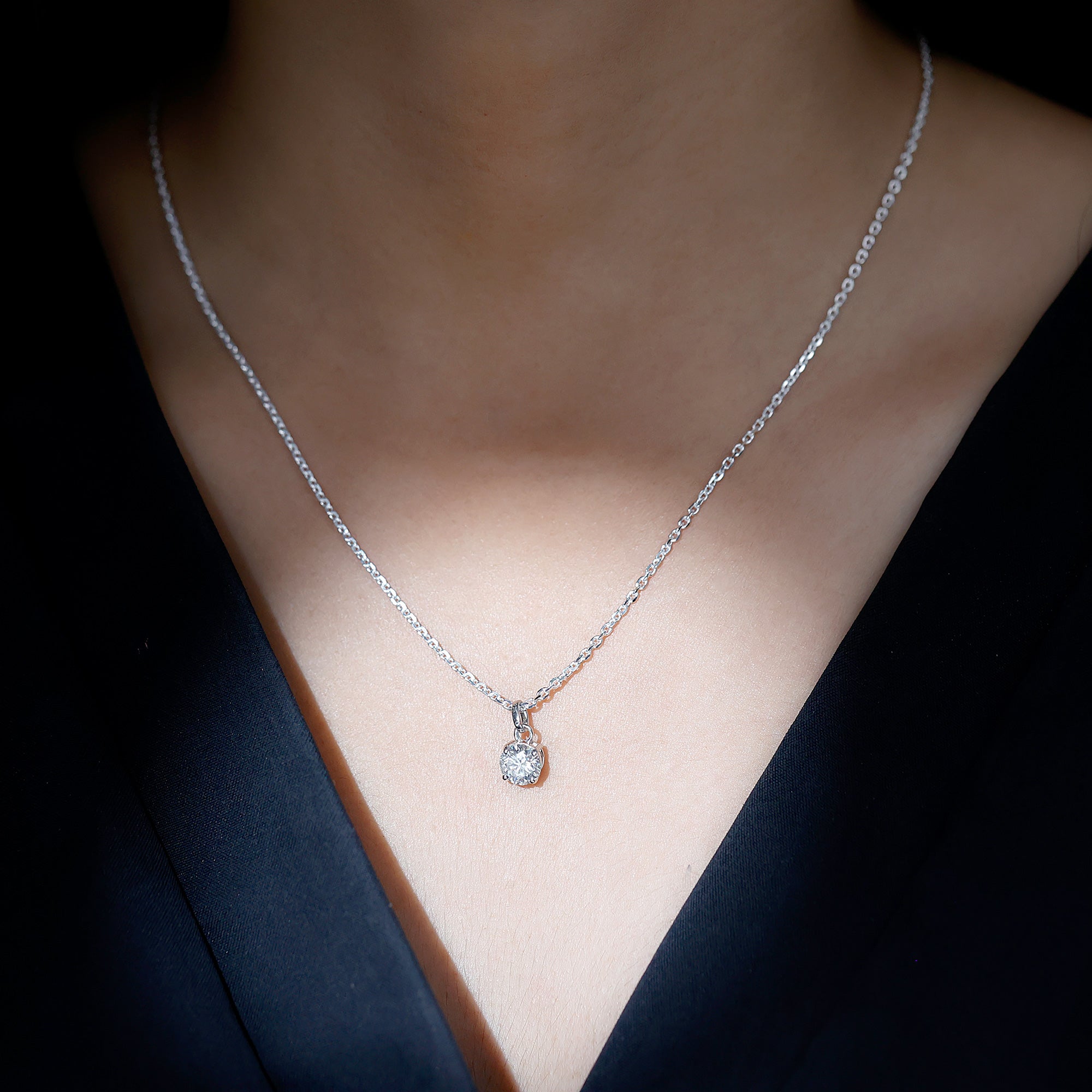 Lab Grown 1 Carat Single Diamond Necklace For Women Lab - ( EF-VS ) - Rosec Jewels