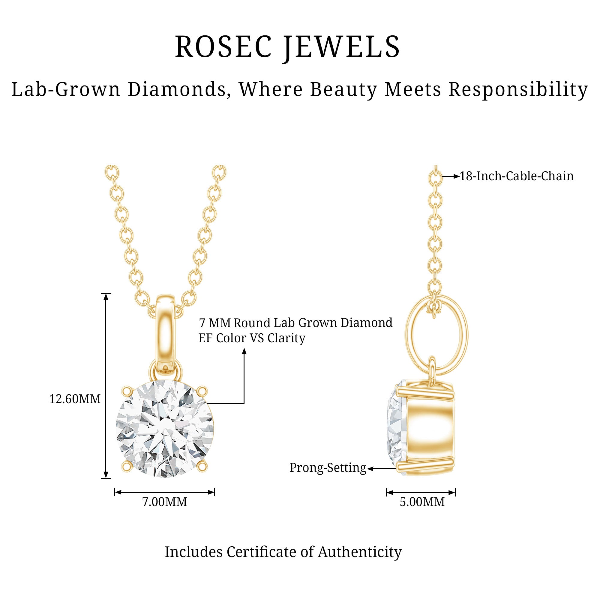 Lab Grown 1 Carat Single Diamond Necklace For Women Lab - ( EF-VS ) - Rosec Jewels
