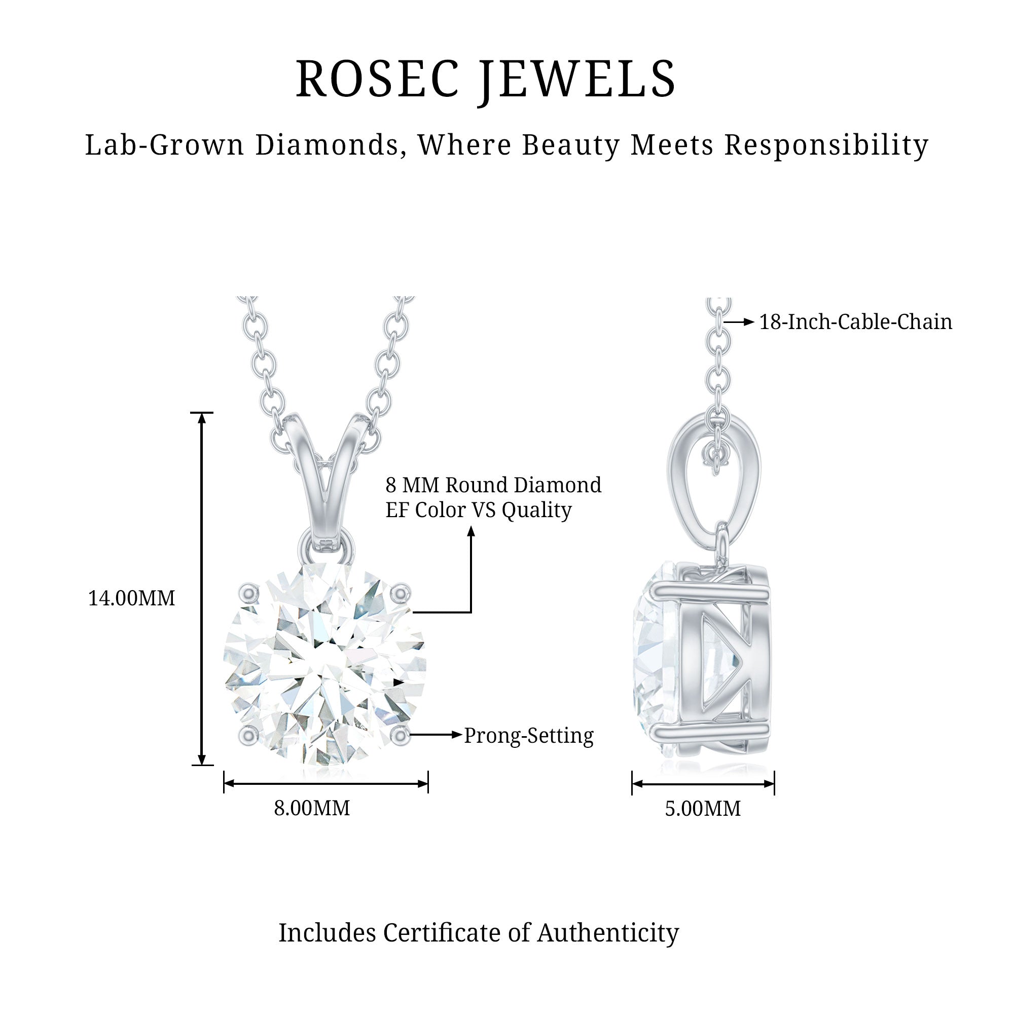 Rosec Jewels-Certified Brilliant Cut Lab Grown 2 Carat Diamond Solitaire Necklace