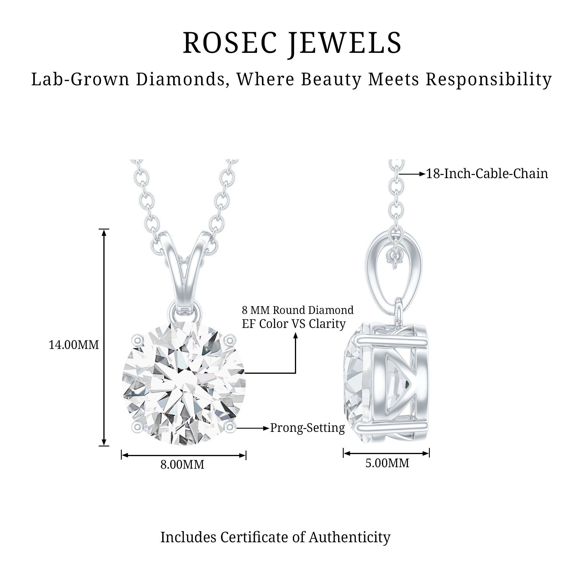 Certified Brilliant Cut Lab Grown 2 Carat Diamond Solitaire Necklace Lab - ( EF-VS ) - Rosec Jewels
