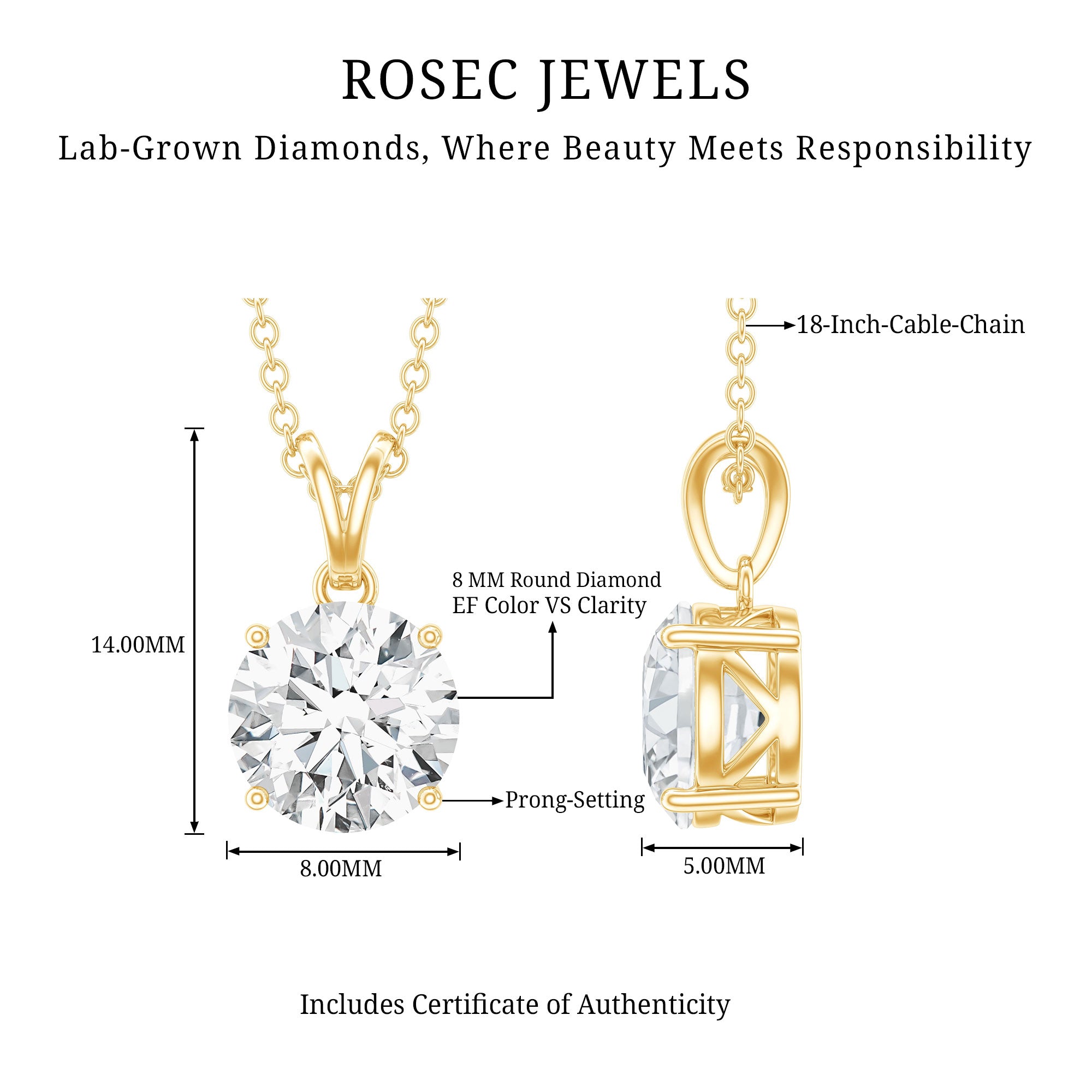 Certified Brilliant Cut Lab Grown 2 Carat Diamond Solitaire Necklace Lab - ( EF-VS ) - Rosec Jewels