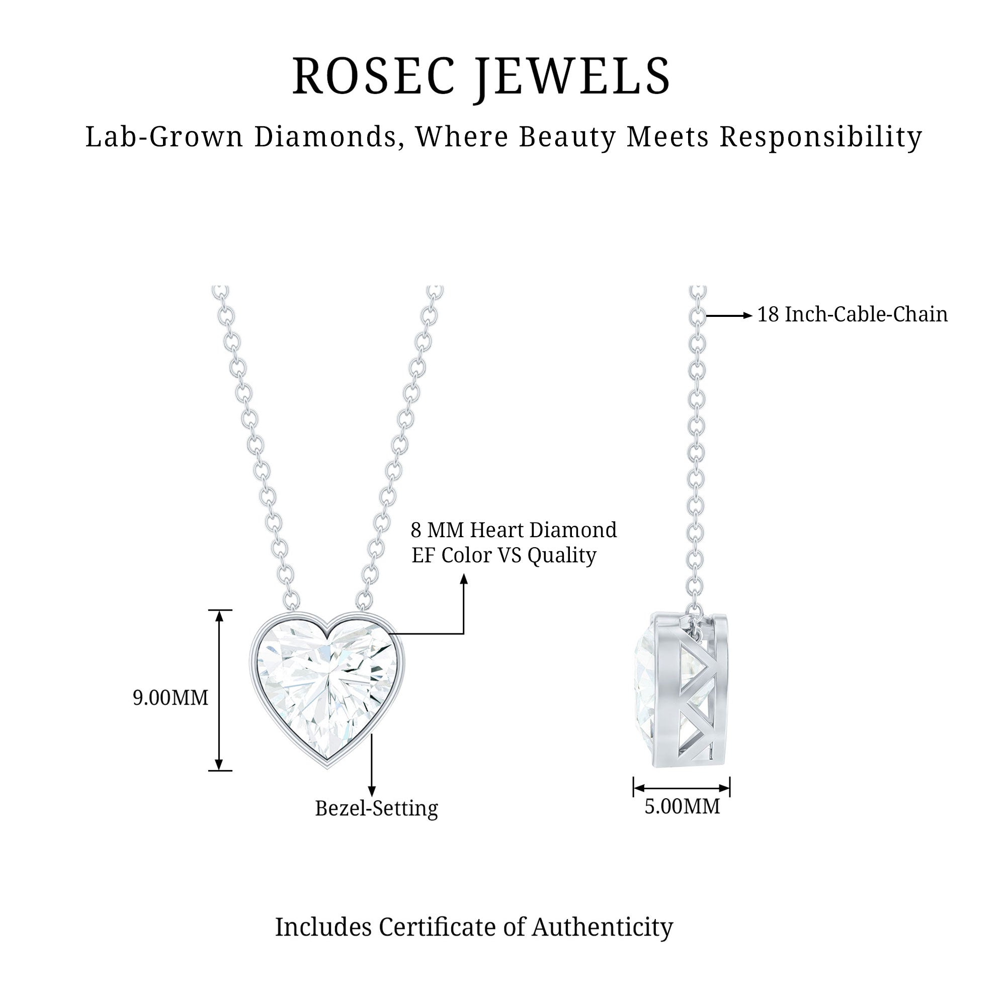 Bezel Set 8mm Lab Grown Diamond Heart Locket Necklace for Women Lab - ( EF-VS ) - Rosec Jewels