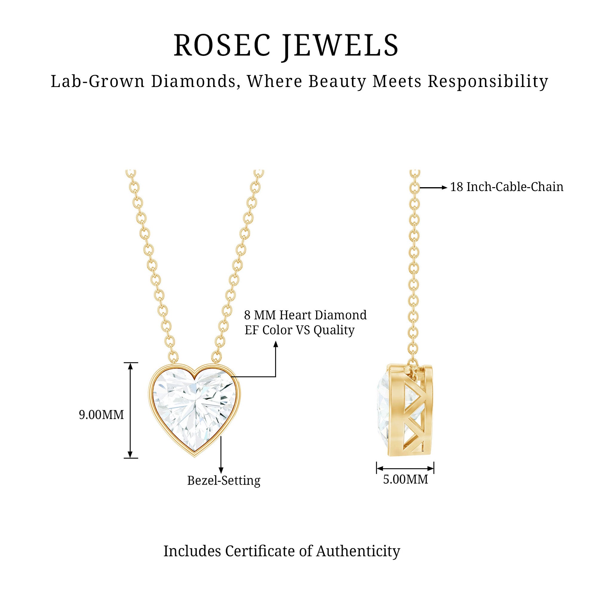 Bezel Set 8mm Lab Grown Diamond Heart Locket Necklace for Women Lab - ( EF-VS ) - Rosec Jewels