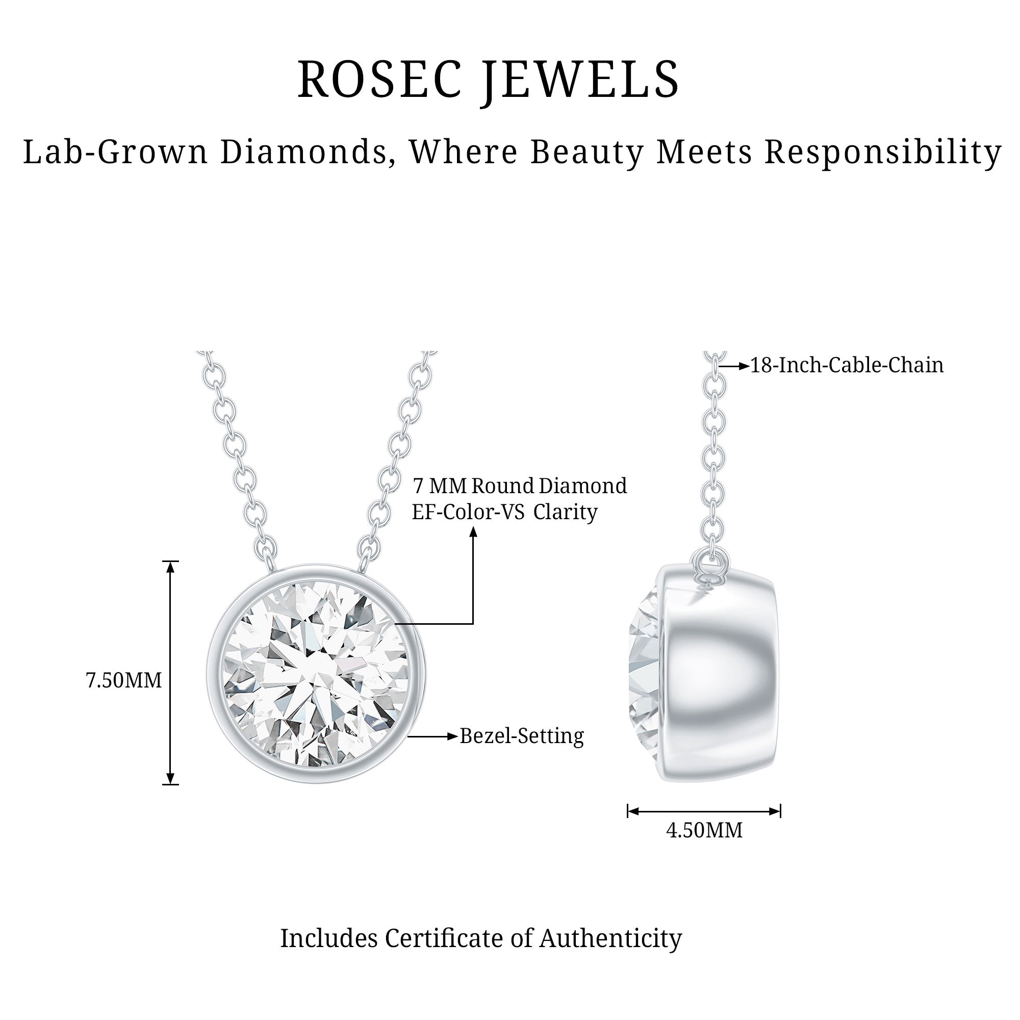 Bezel Set 7mm Lab Grown Diamond Solitaire Stackable Necklace Lab - ( EF-VS ) - Rosec Jewels