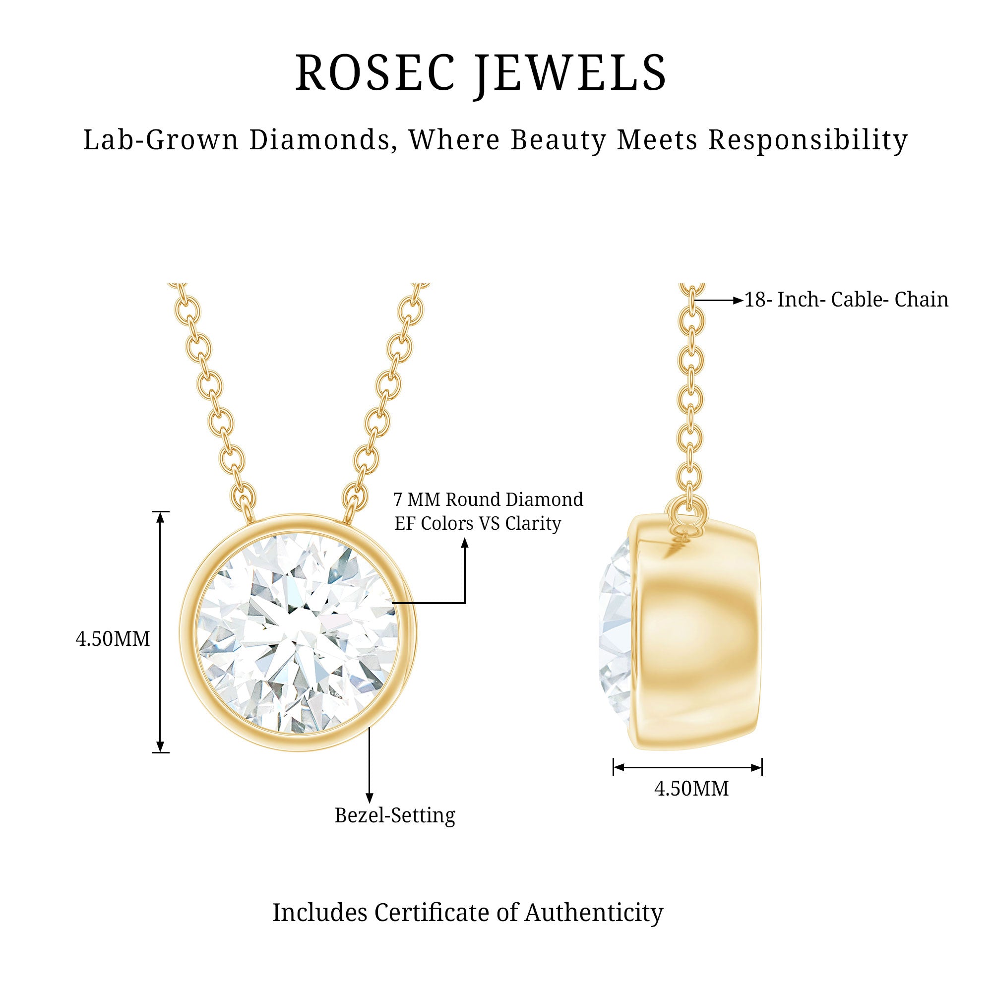 Rosec Jewels-Bezel Set 7mm Lab Grown Diamond Solitaire Stackable Necklace