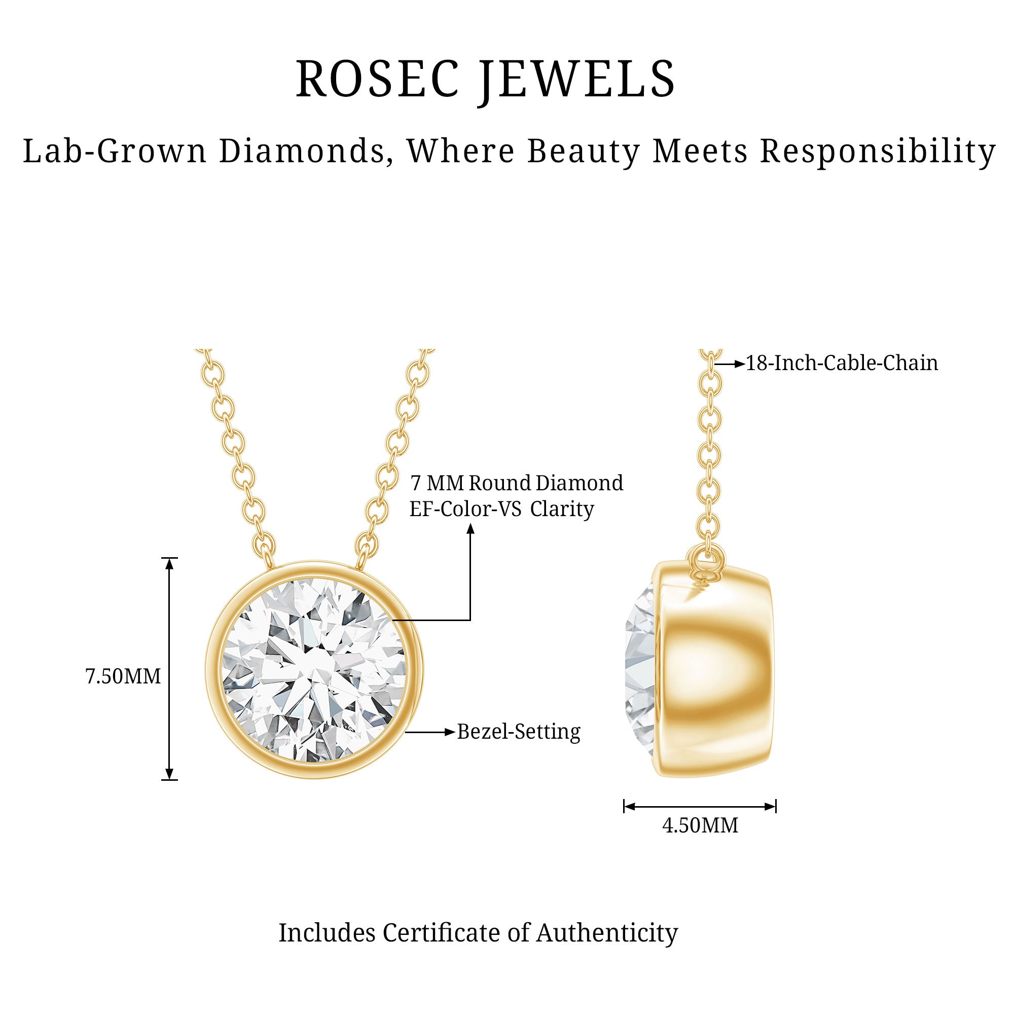 Bezel Set 7mm Lab Grown Diamond Solitaire Stackable Necklace Lab - ( EF-VS ) - Rosec Jewels