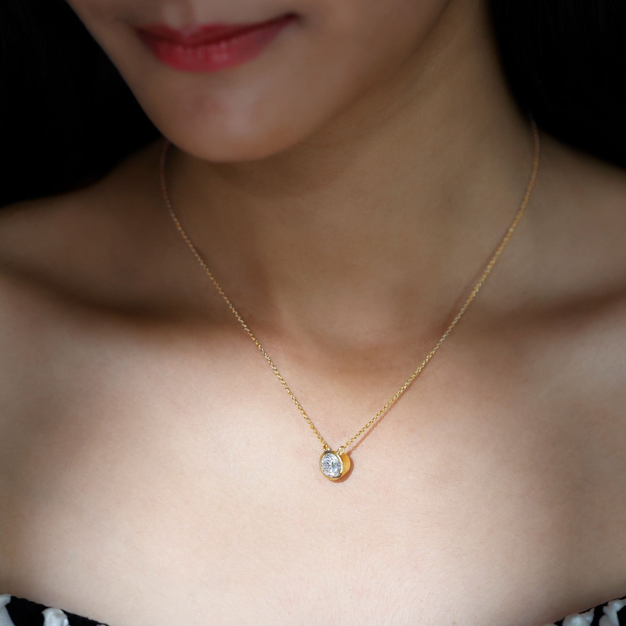 Bezel Set 7mm Lab Grown Diamond Solitaire Stackable Necklace Lab - ( EF-VS ) - Rosec Jewels