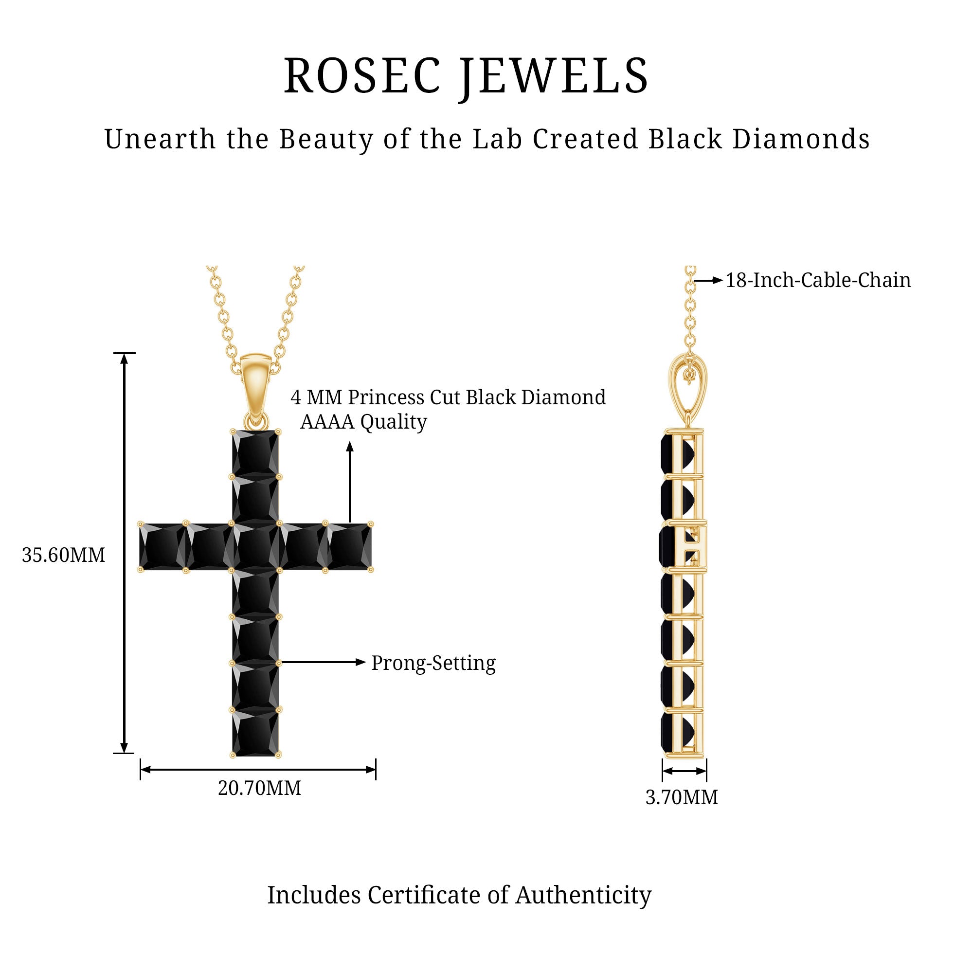3 Carat Lab Grown Black Diamond Cross Necklace With Silver Chain AAAA ( Synthetic ) 14K Yellow Gold Plated Silver - Rosec Jewels