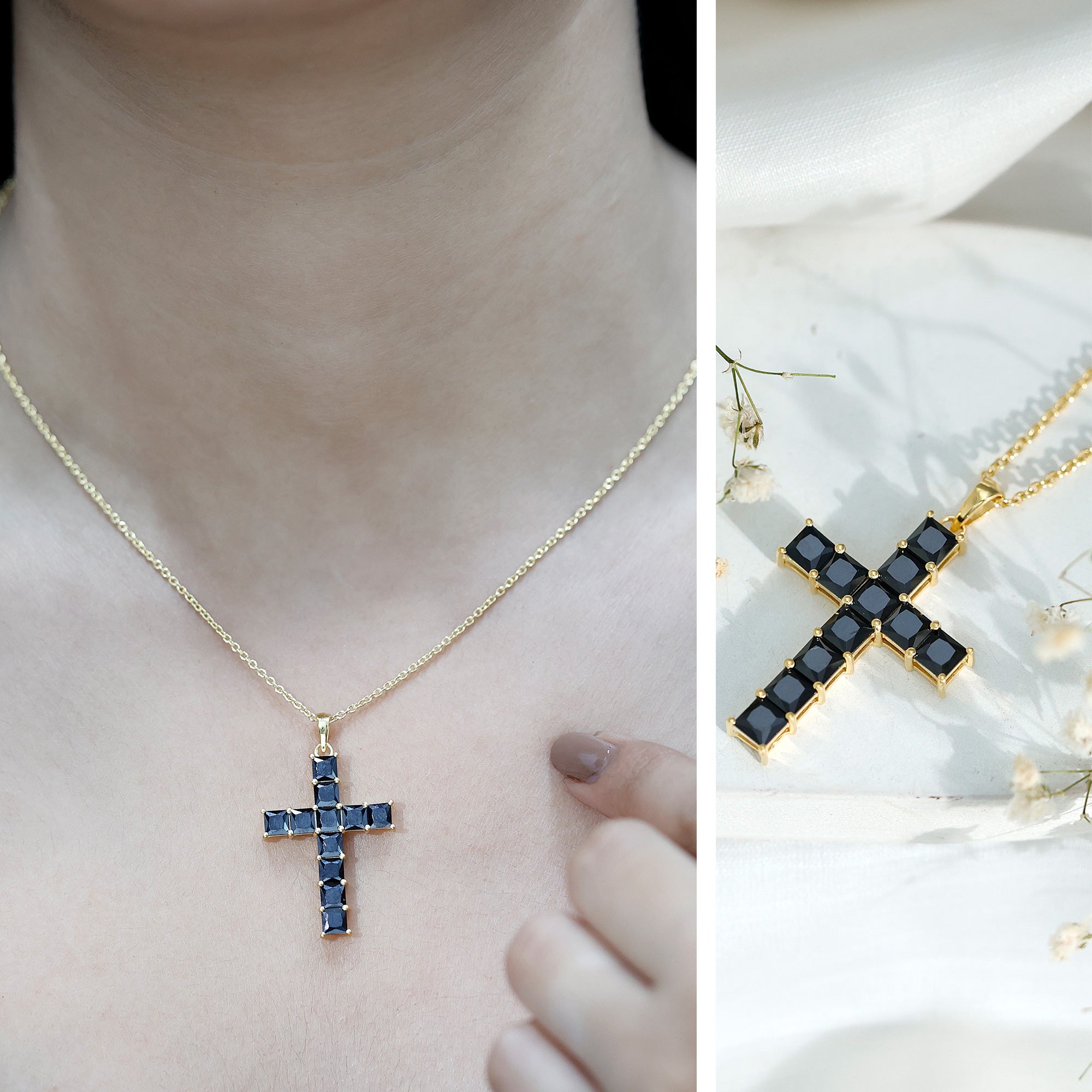 3 Carat Lab Grown Black Diamond Cross Necklace With Silver Chain AAAA ( Synthetic ) 14K Yellow Gold Plated Silver - Rosec Jewels