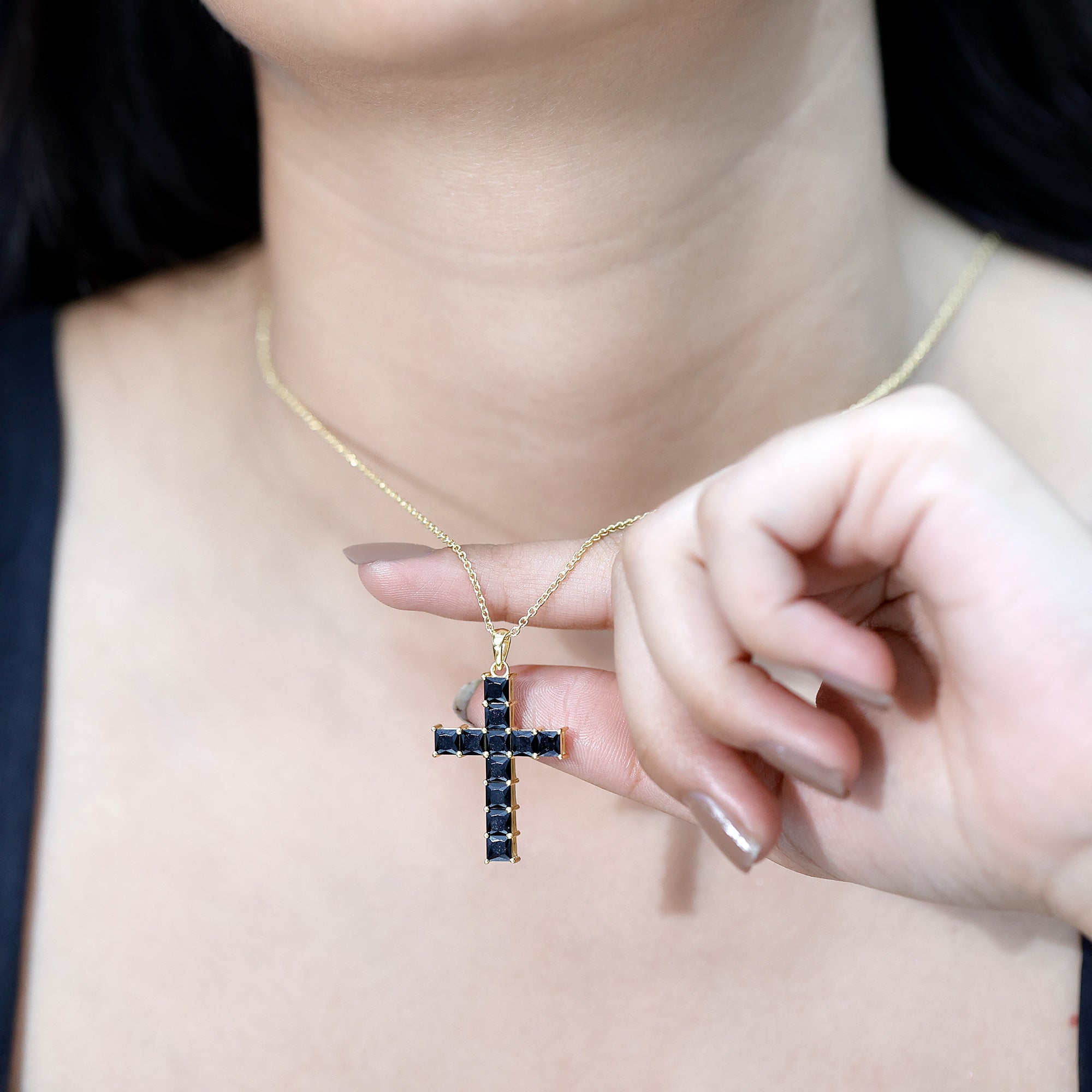 3 Carat Lab Grown Black Diamond Cross Necklace With Silver Chain AAAA ( Synthetic ) 14K Yellow Gold Plated Silver - Rosec Jewels