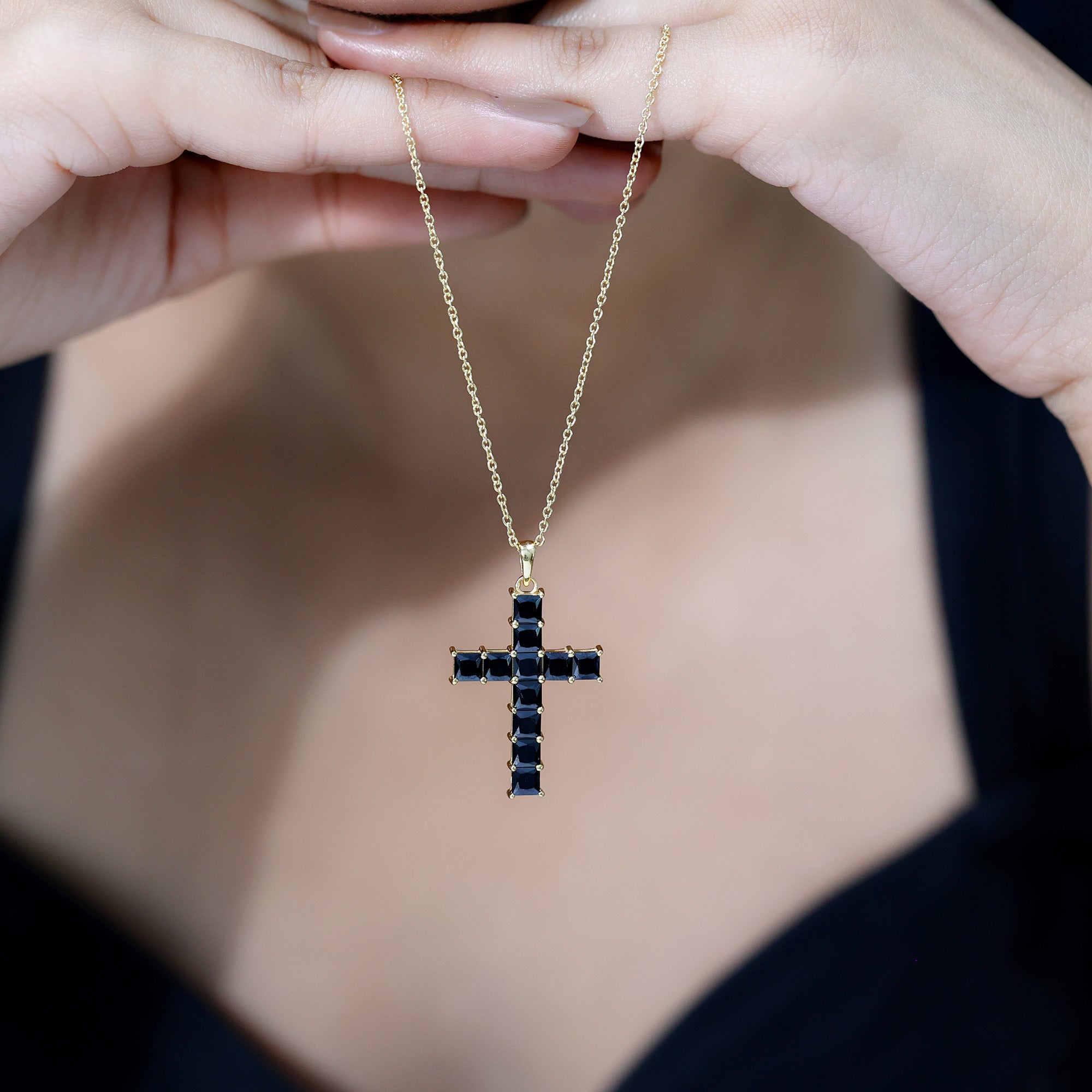 3 Carat Lab Grown Black Diamond Cross Necklace With Silver Chain AAAA ( Synthetic ) 14K Yellow Gold Plated Silver - Rosec Jewels