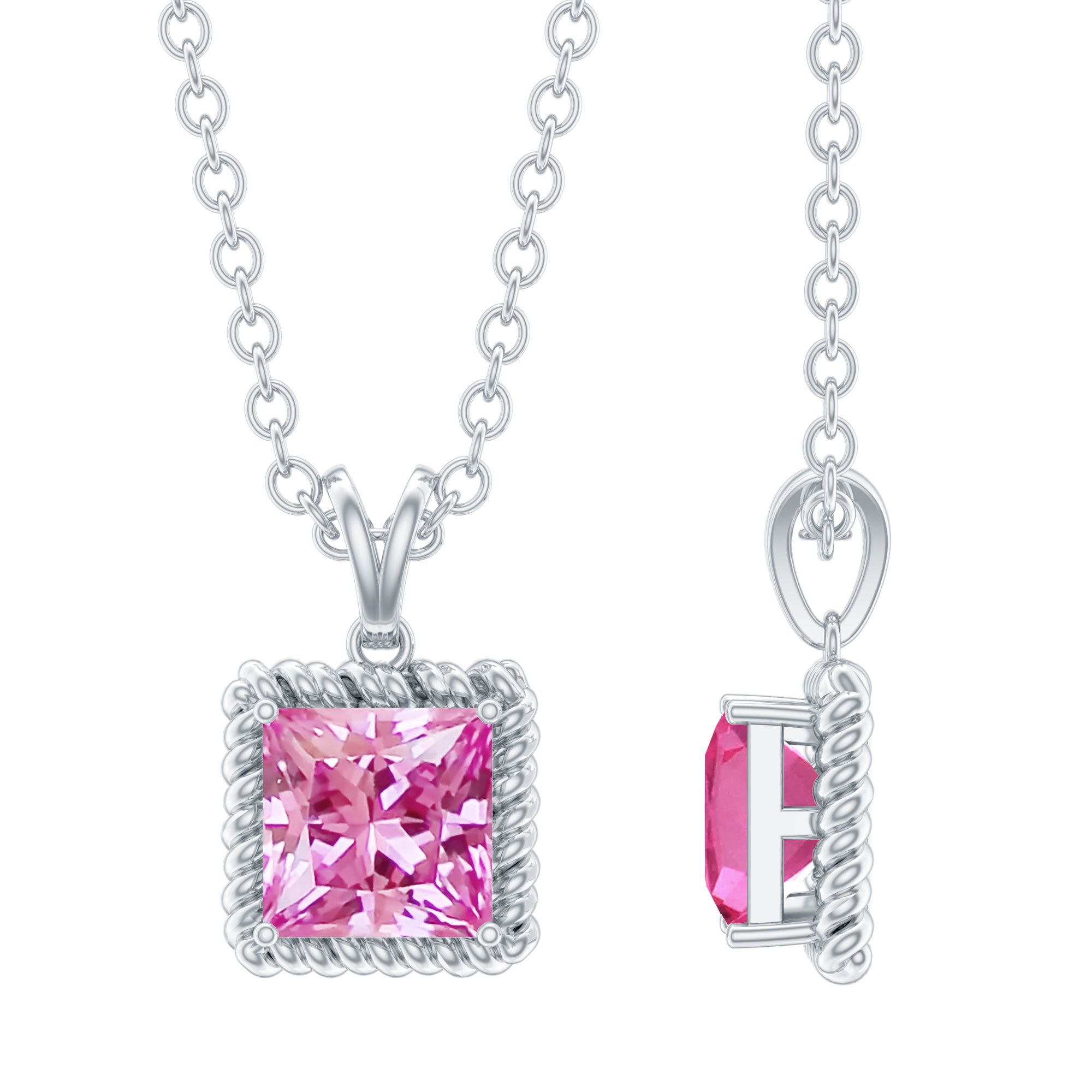 Princess Cut 0.7 Carat Lab Created Pink Sapphire Solitaire Pendant Necklace AAAA 92.5 Sterling Silver - Rosec Jewels