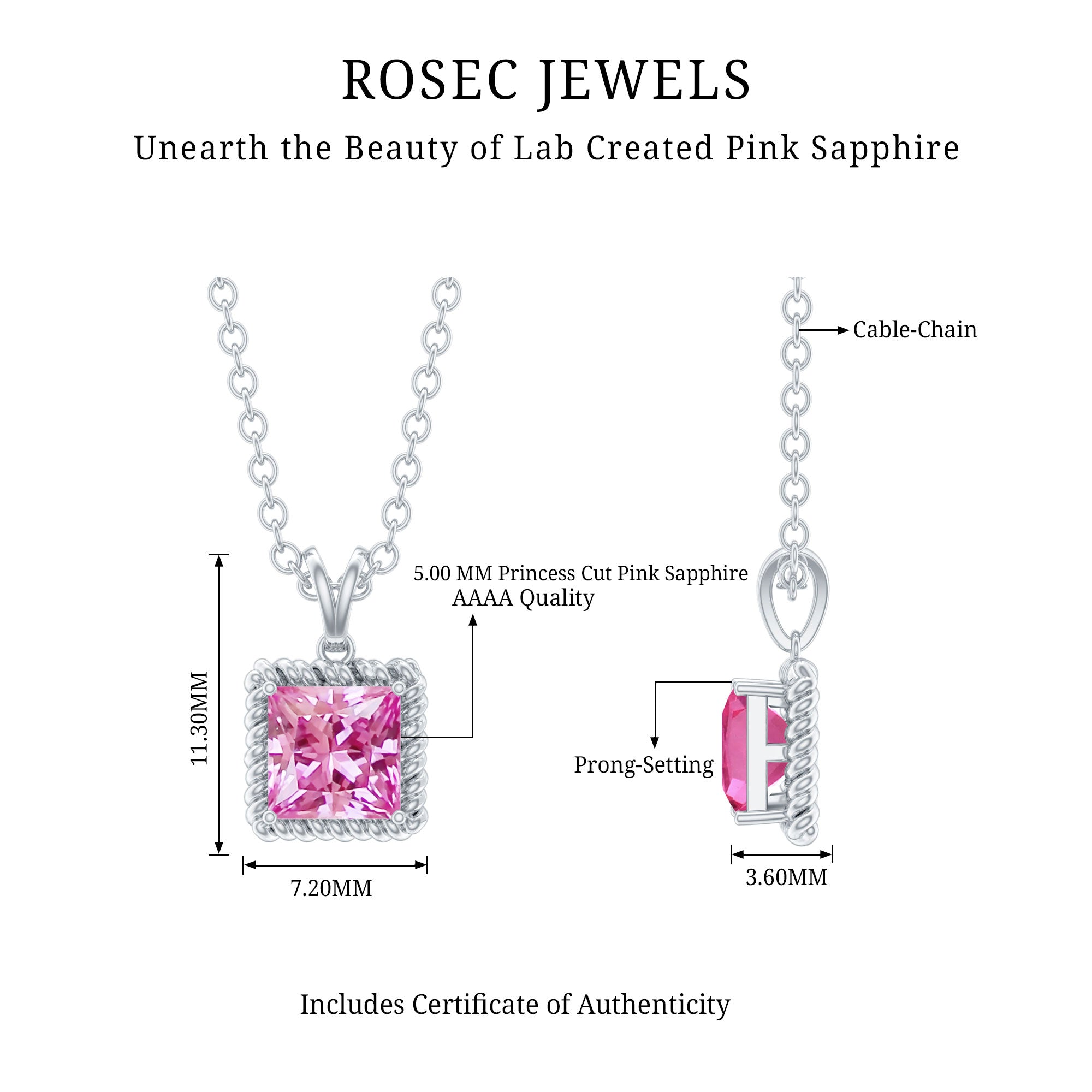 Princess Cut 0.7 Carat Lab Created Pink Sapphire Solitaire Pendant Necklace AAAA 92.5 Sterling Silver - Rosec Jewels