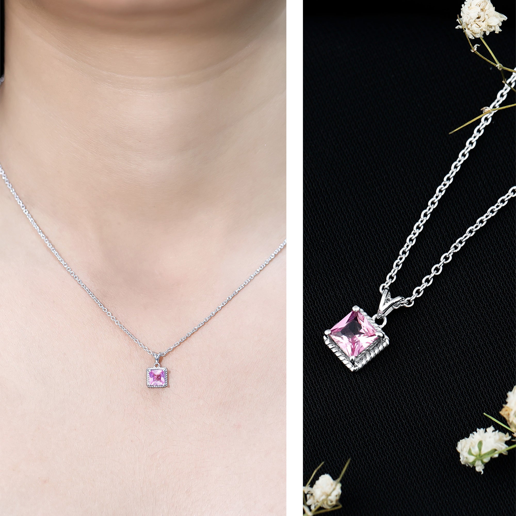 Princess Cut 0.7 Carat Lab Created Pink Sapphire Solitaire Pendant Necklace AAAA 92.5 Sterling Silver - Rosec Jewels