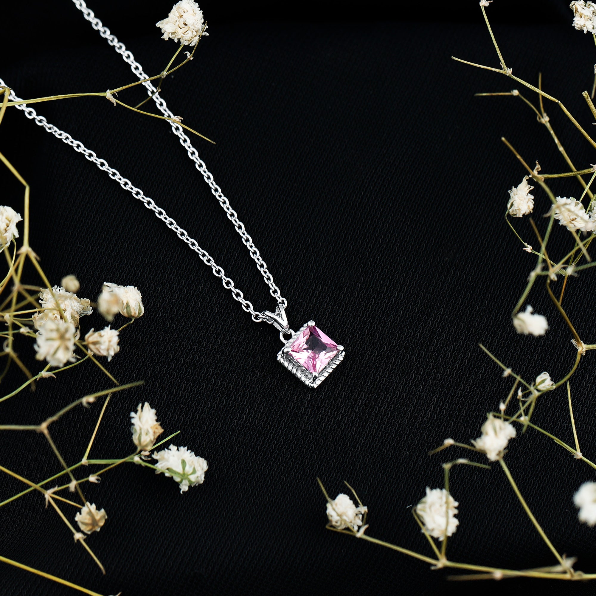 Princess Cut 0.7 Carat Lab Created Pink Sapphire Solitaire Pendant Necklace AAAA 92.5 Sterling Silver - Rosec Jewels