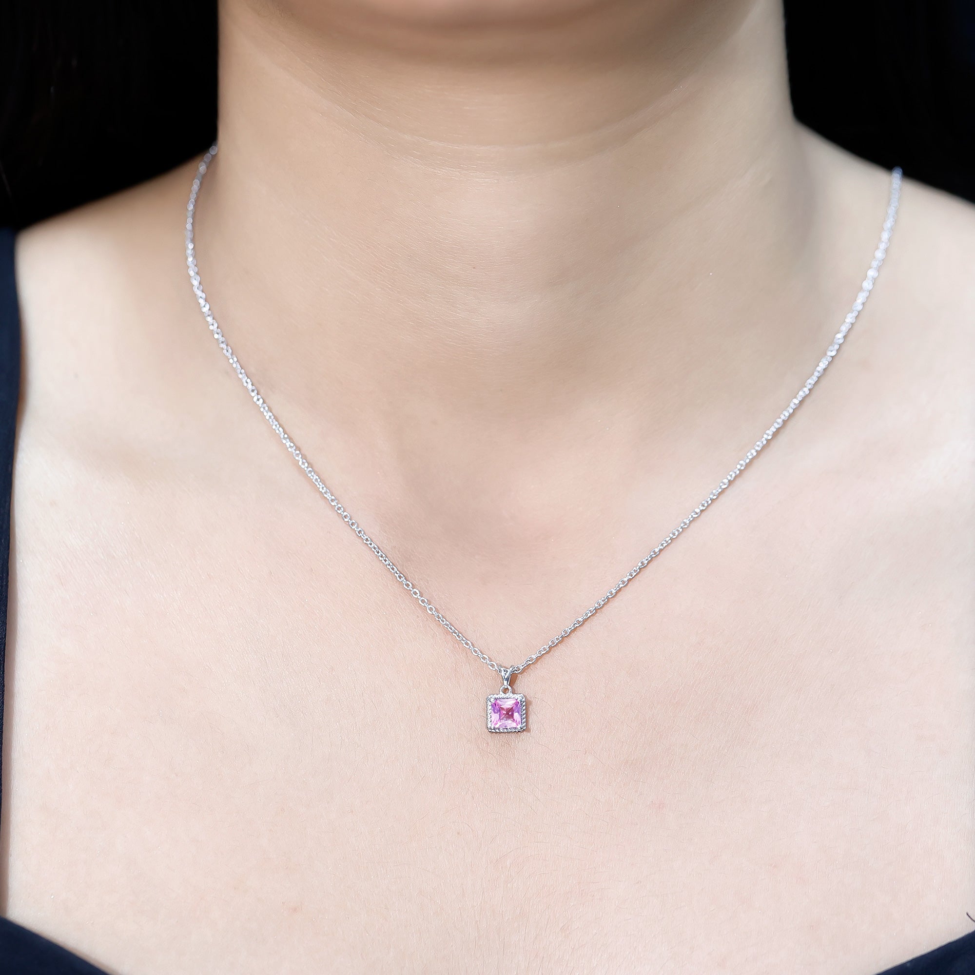 Princess Cut 0.7 Carat Lab Created Pink Sapphire Solitaire Pendant Necklace AAAA 92.5 Sterling Silver - Rosec Jewels