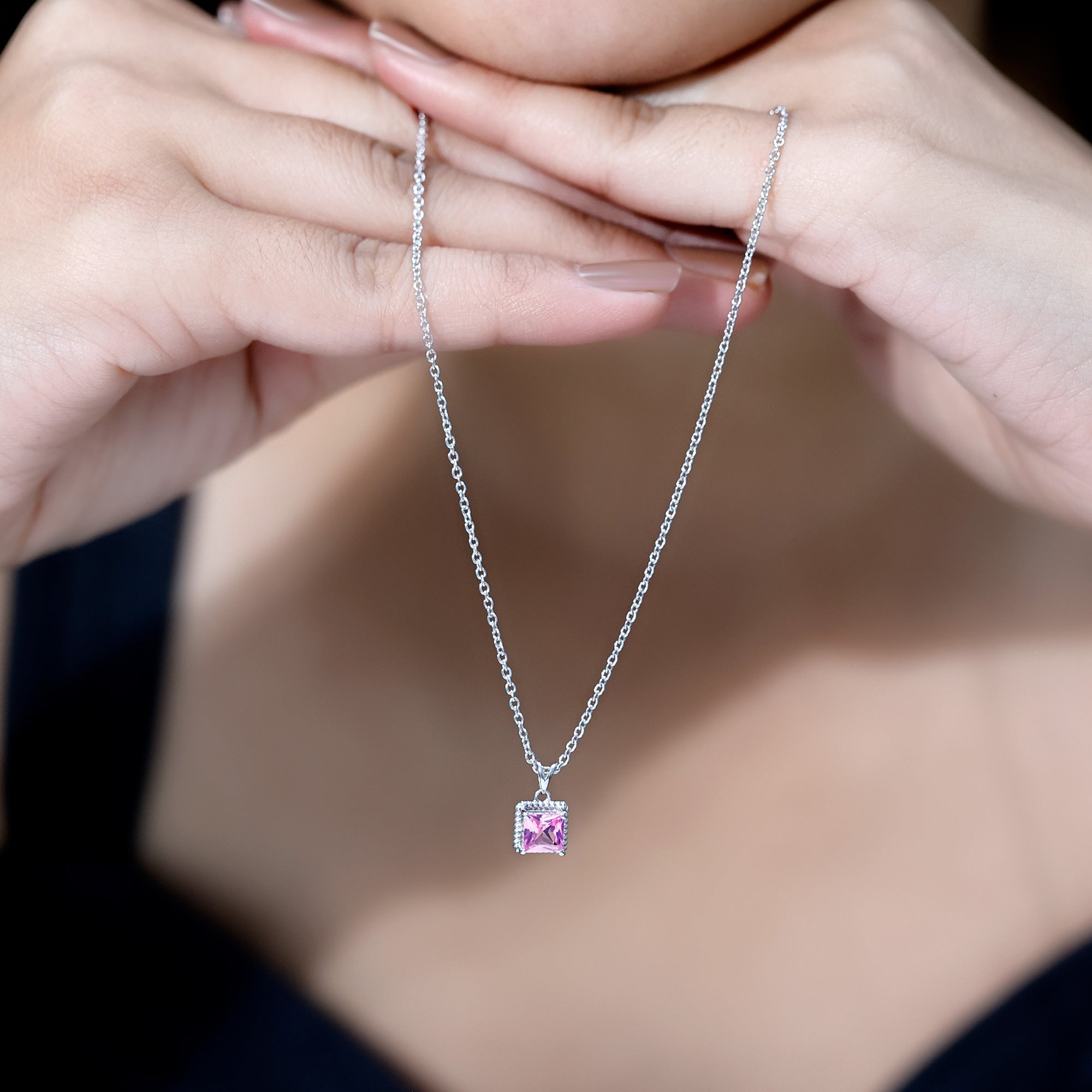 Princess Cut 0.7 Carat Lab Created Pink Sapphire Solitaire Pendant Necklace AAAA 92.5 Sterling Silver - Rosec Jewels