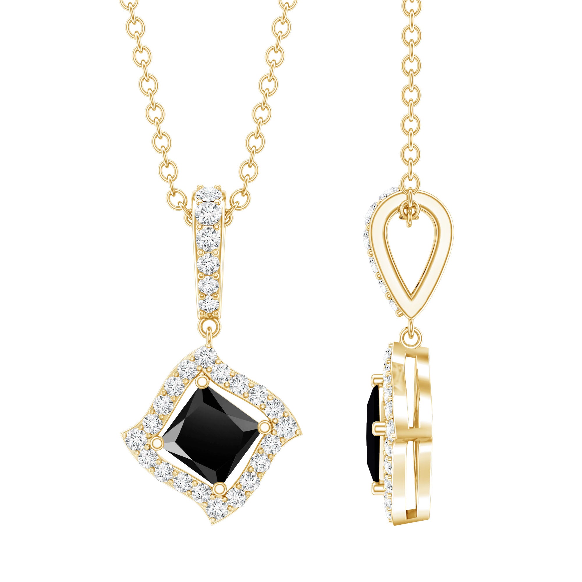 Sterling Silver Black Spinel Necklace with Diamond Halo AAA 14K Yellow Gold Plated Silver - Rosec Jewels