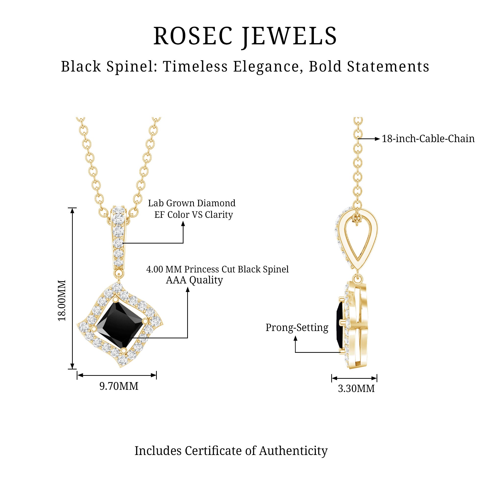 Sterling Silver Black Spinel Necklace with Diamond Halo AAA 14K Yellow Gold Plated Silver - Rosec Jewels