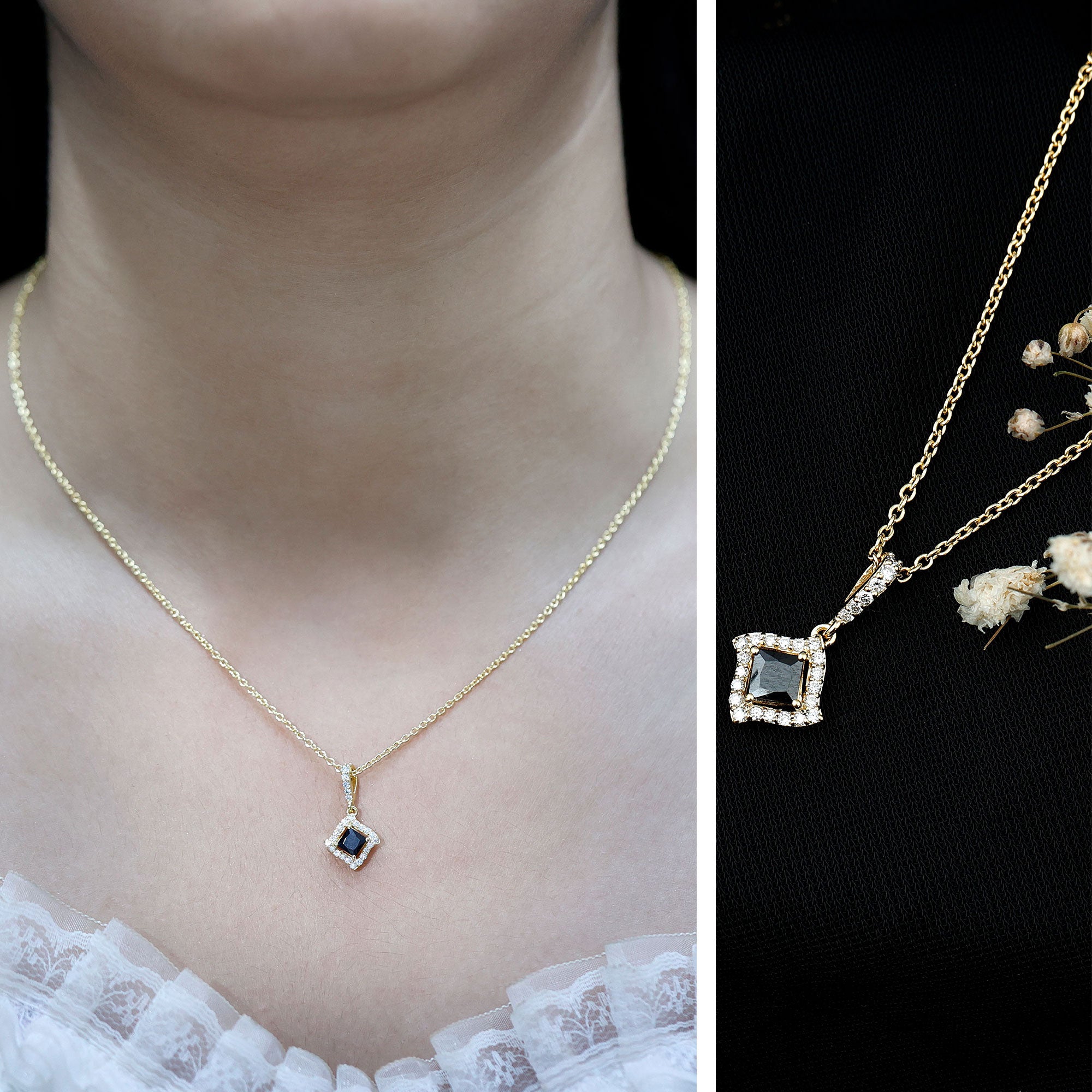 Sterling Silver Black Spinel Necklace with Diamond Halo AAA 14K Yellow Gold Plated Silver - Rosec Jewels