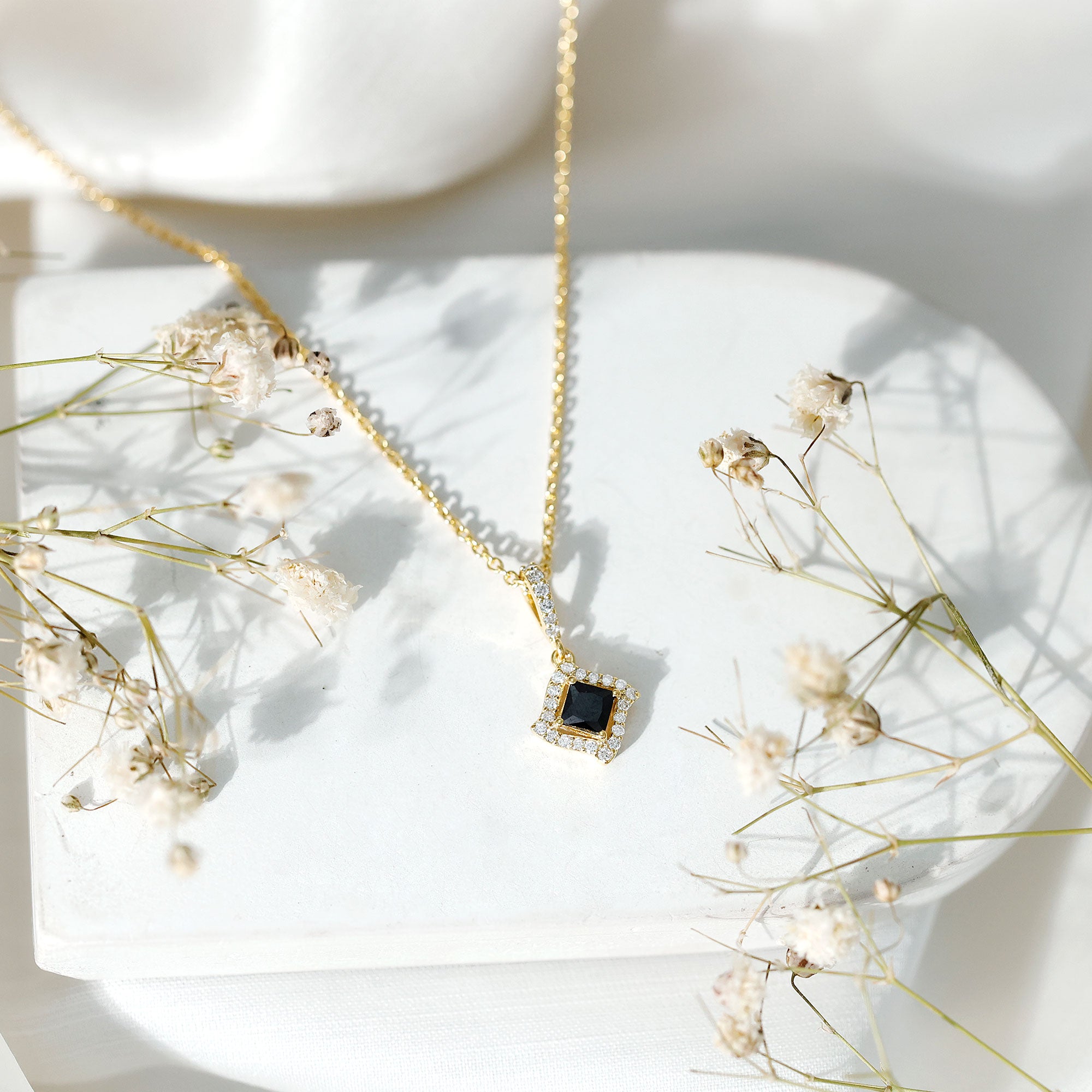 Sterling Silver Black Spinel Necklace with Diamond Halo AAA 14K Yellow Gold Plated Silver - Rosec Jewels
