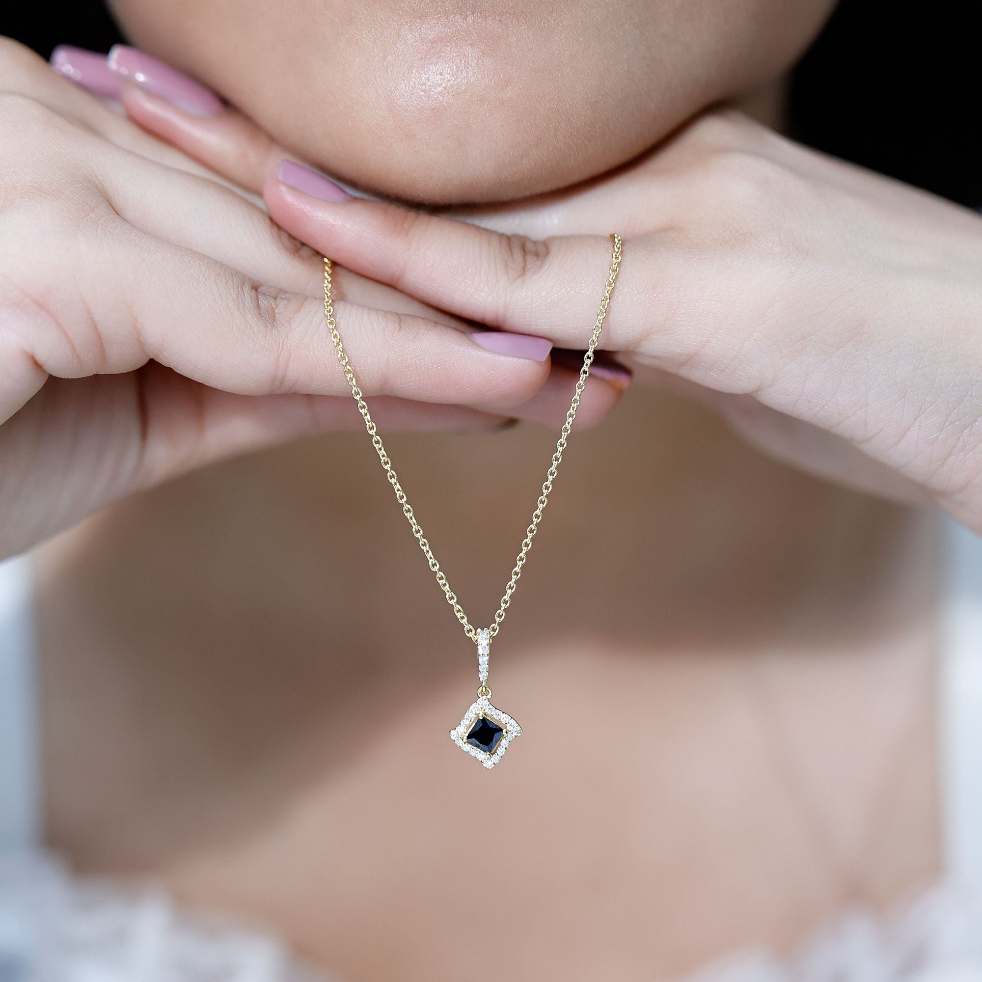 Sterling Silver Black Spinel Necklace with Diamond Halo AAA 14K Yellow Gold Plated Silver - Rosec Jewels