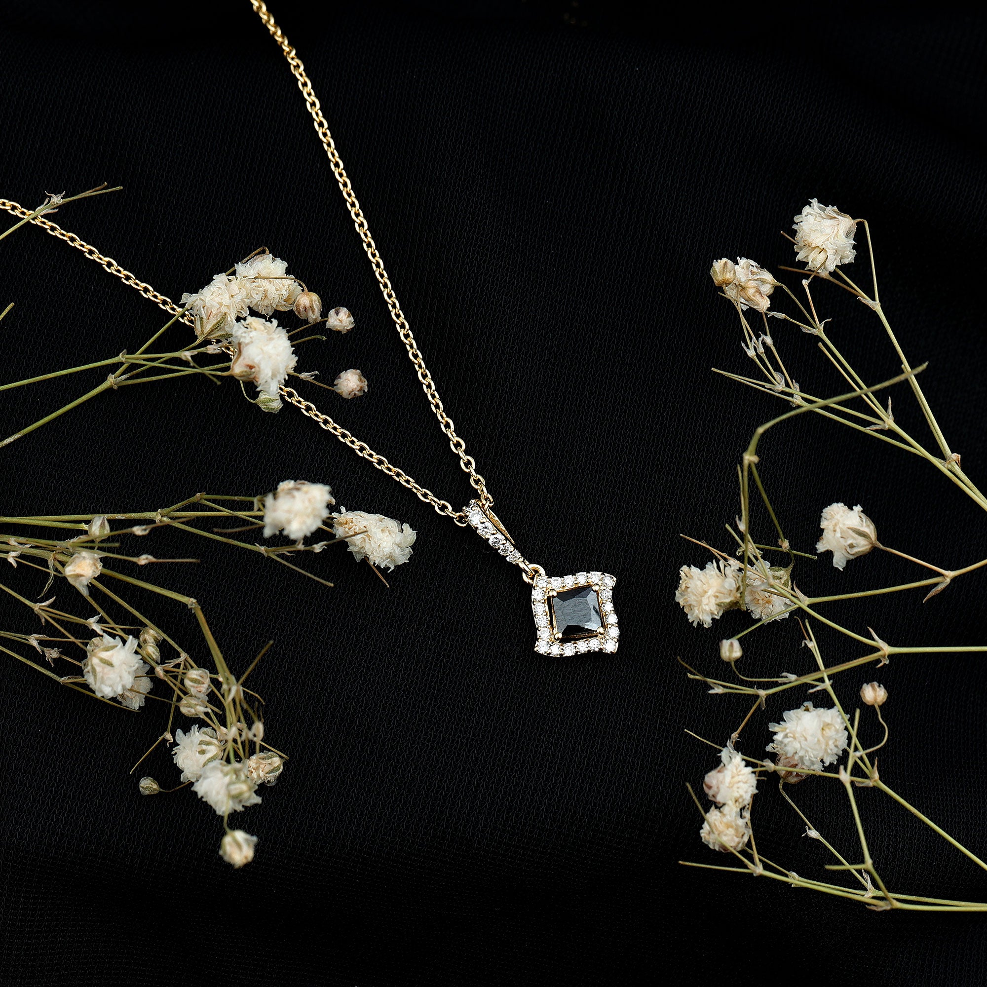 Sterling Silver Black Spinel Necklace with Diamond Halo AAA 14K Yellow Gold Plated Silver - Rosec Jewels