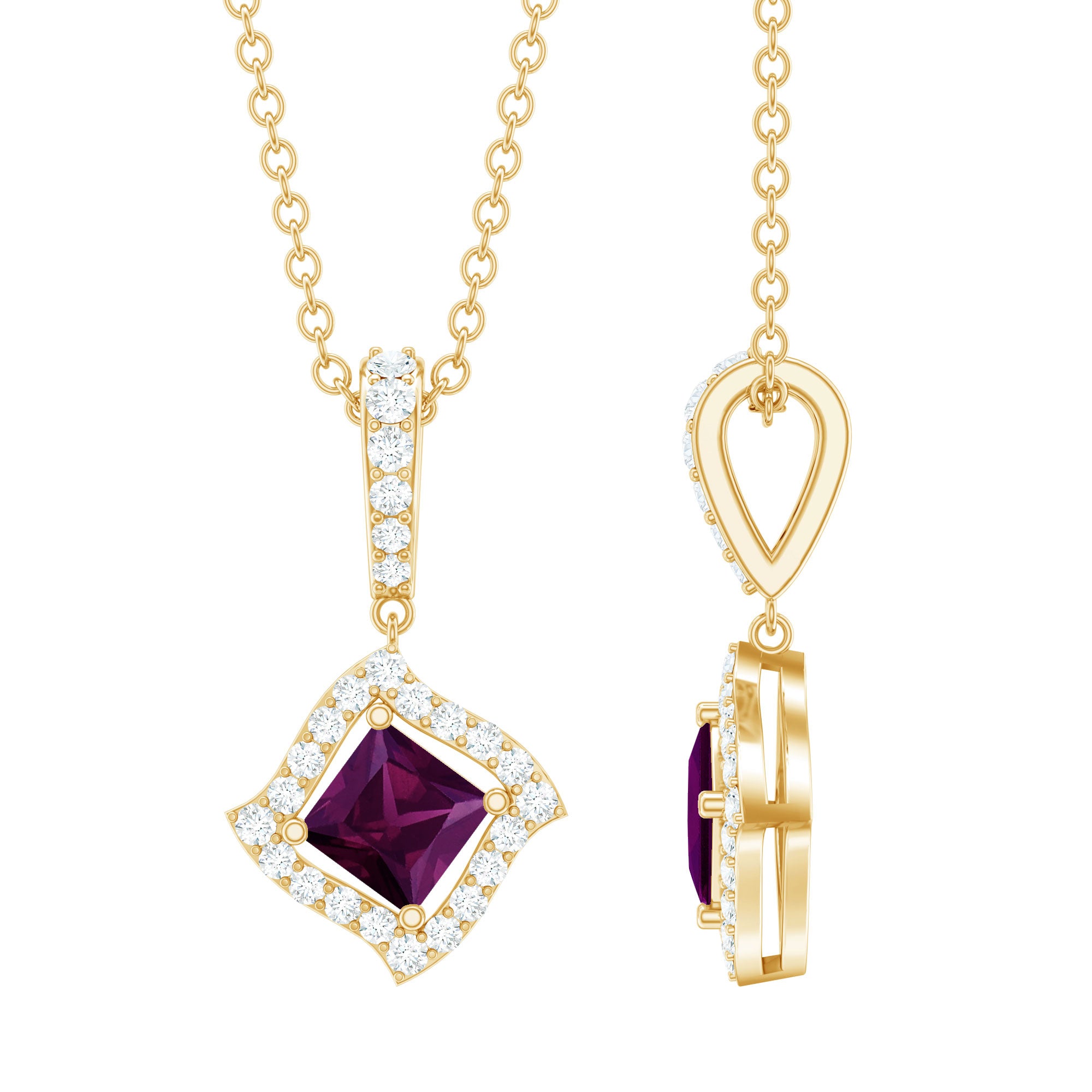 Princess Cut Rhodolite and Diamond Halo Pendant Necklace AAA 14K Yellow Gold Plated Silver - Rosec Jewels