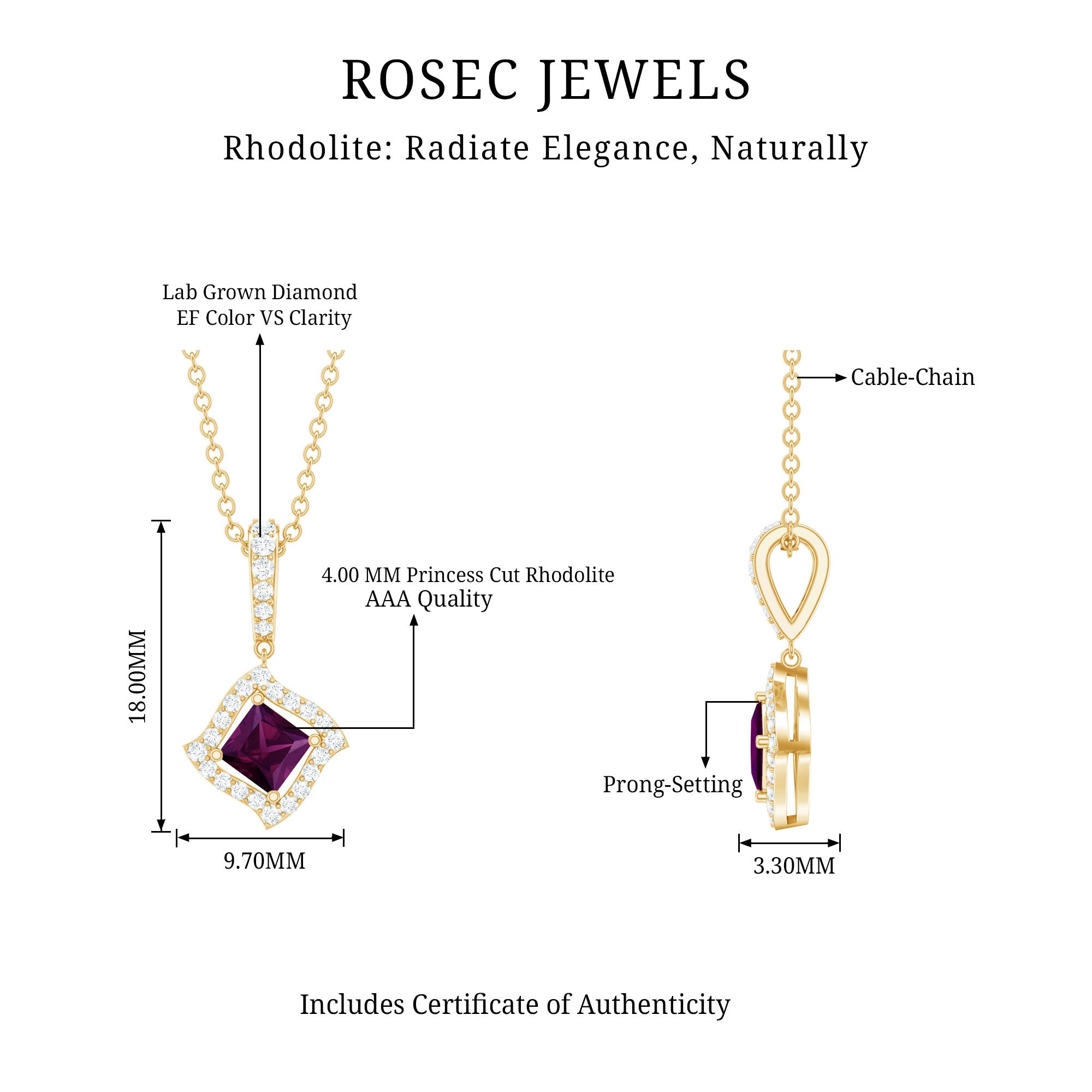 Princess Cut Rhodolite and Diamond Halo Pendant Necklace AAA 14K Yellow Gold Plated Silver - Rosec Jewels