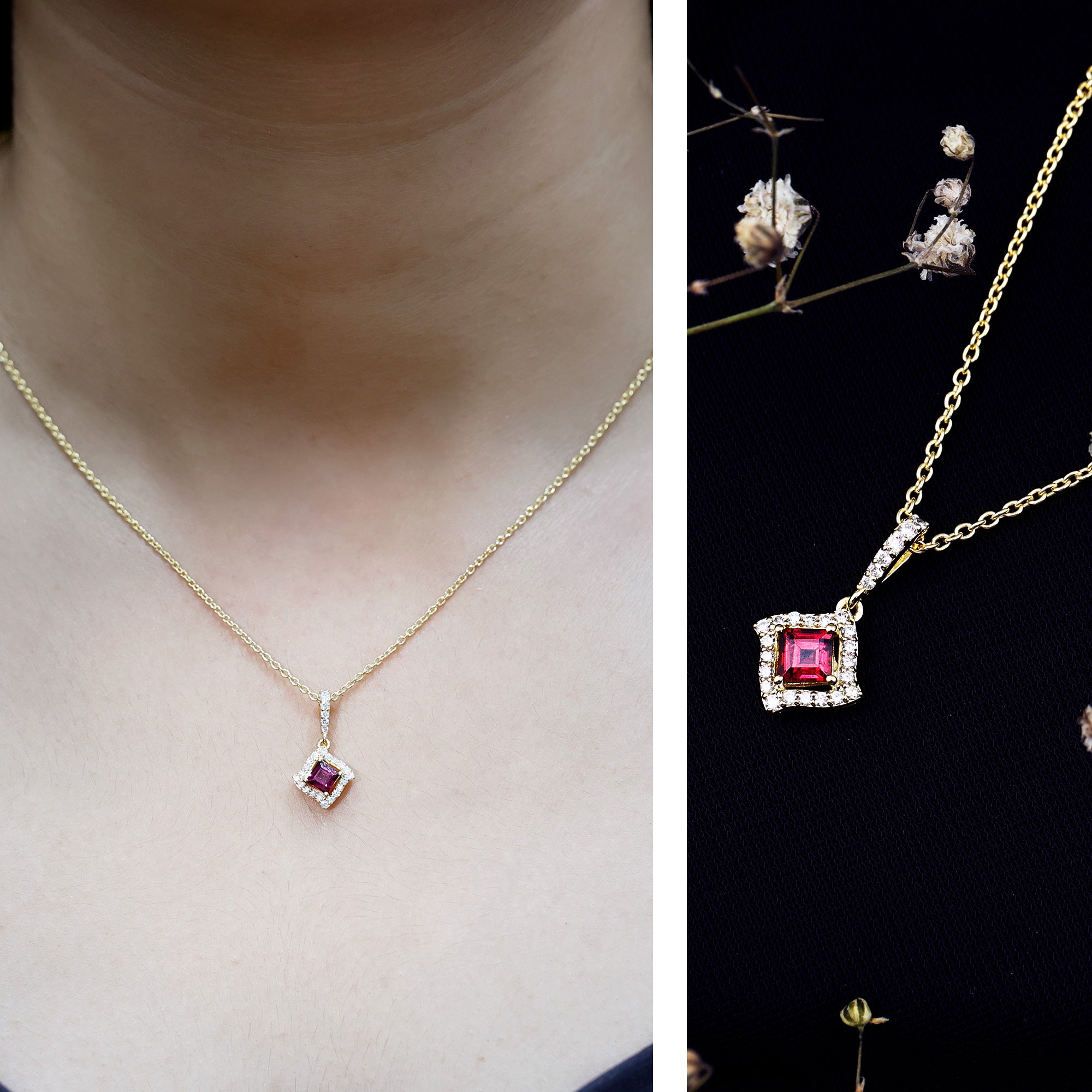 Princess Cut Rhodolite and Diamond Halo Pendant Necklace AAA 14K Yellow Gold Plated Silver - Rosec Jewels